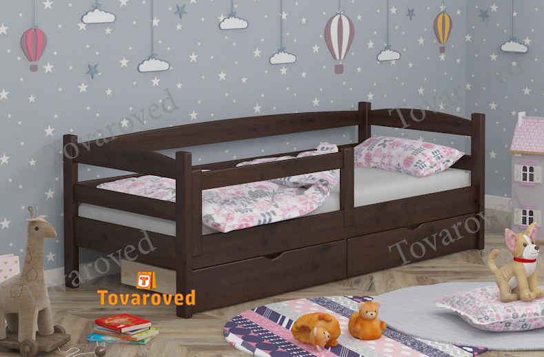 

Кровать детская односпальная с Ящиками 90х190 и бортиком защитным внизу Wellmebely Нота Плюс сосна Орех Темный Л6