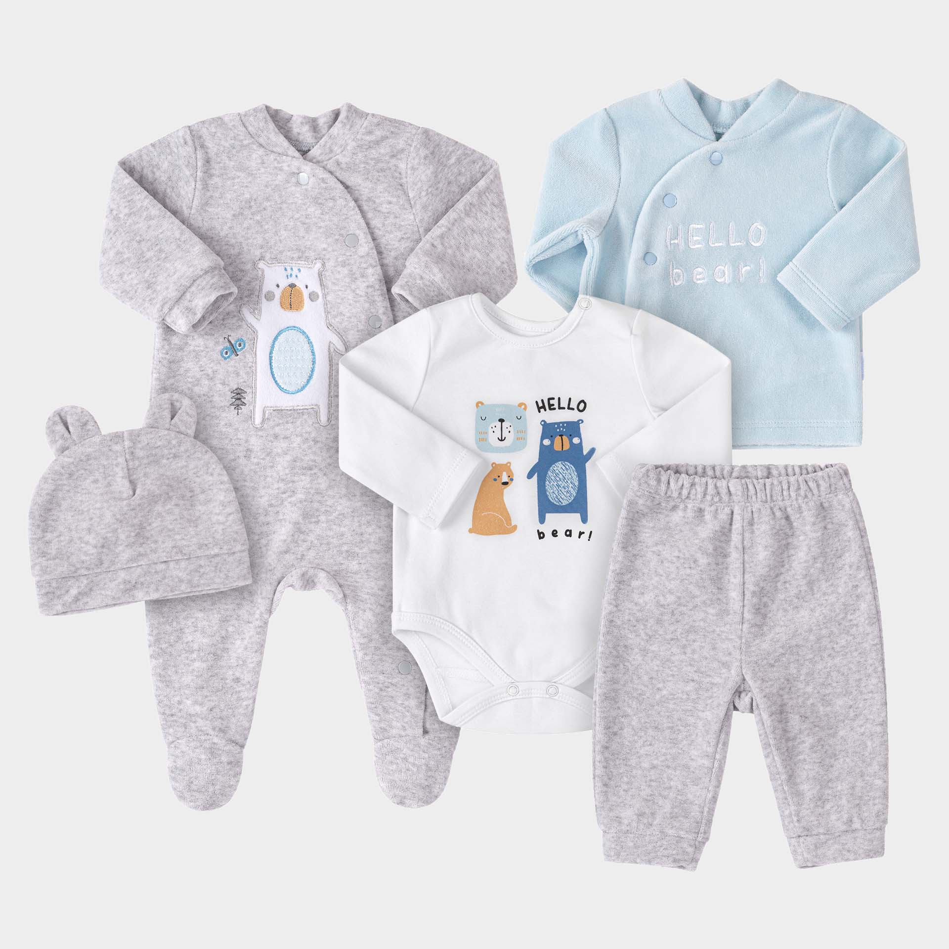 

Комплект (боди + распашонка + человечек + штаны + шапочка) Бемби KP245 XA0 62 см Серый/Голубой