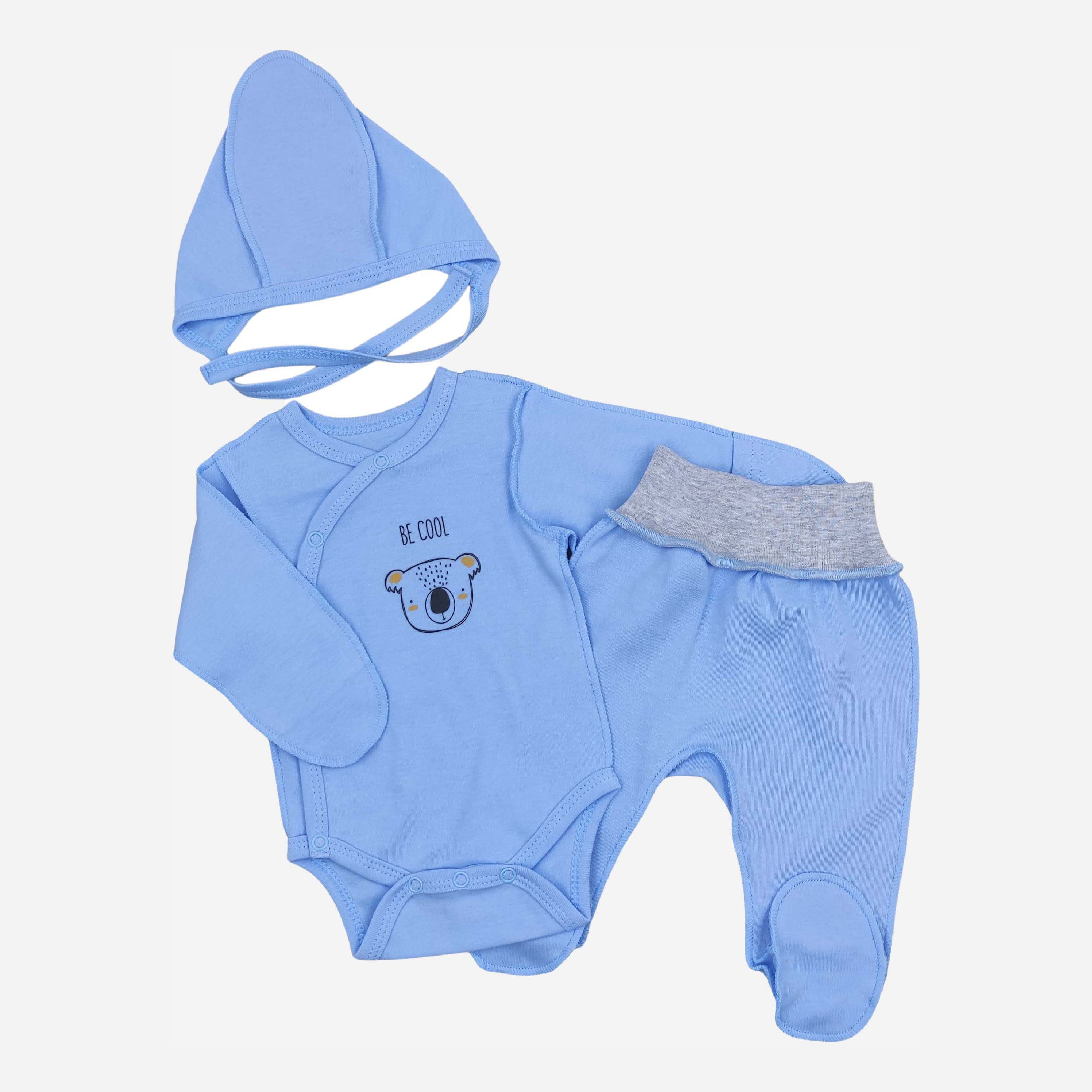 

Комплект (чепчик + боди-распашонка + ползунки) Кена 112992-02 62 см Голубой