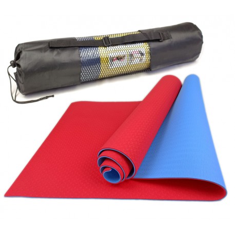 

Коврик для йоги и фитнеса FitMagic TPE+TC 183/61cм/6мм двухслойный красный - голубой