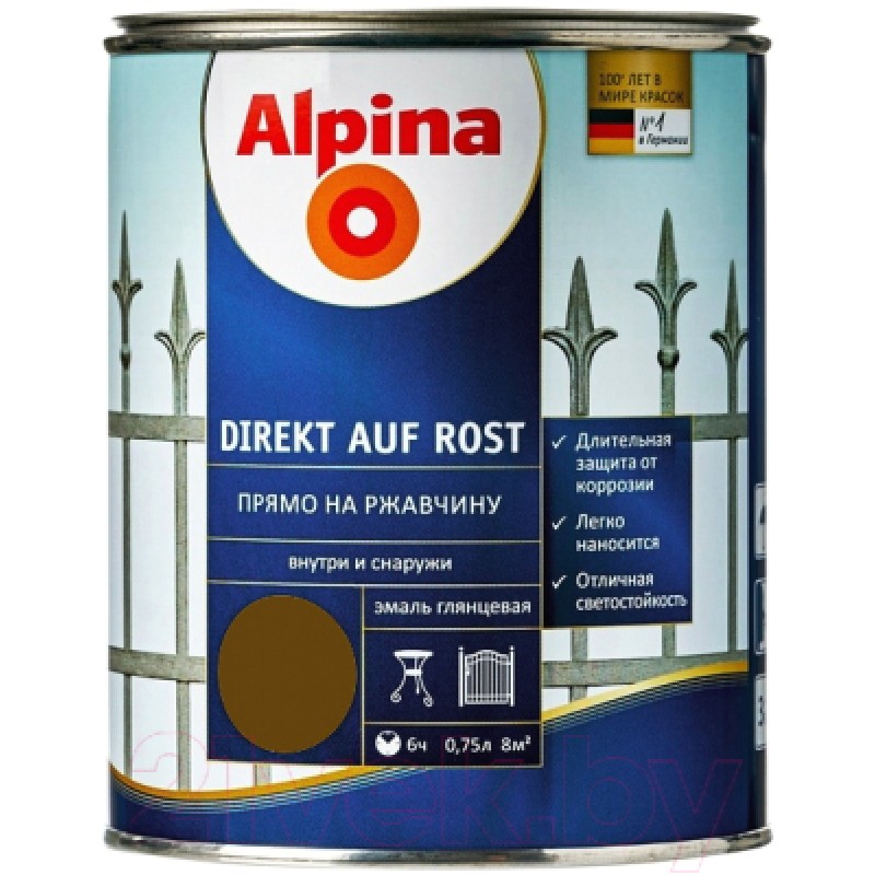 

Эмаль Алкидная Alpina Direkt Auf Rost (Орехо-Коричневый) RAL8011 0,75л