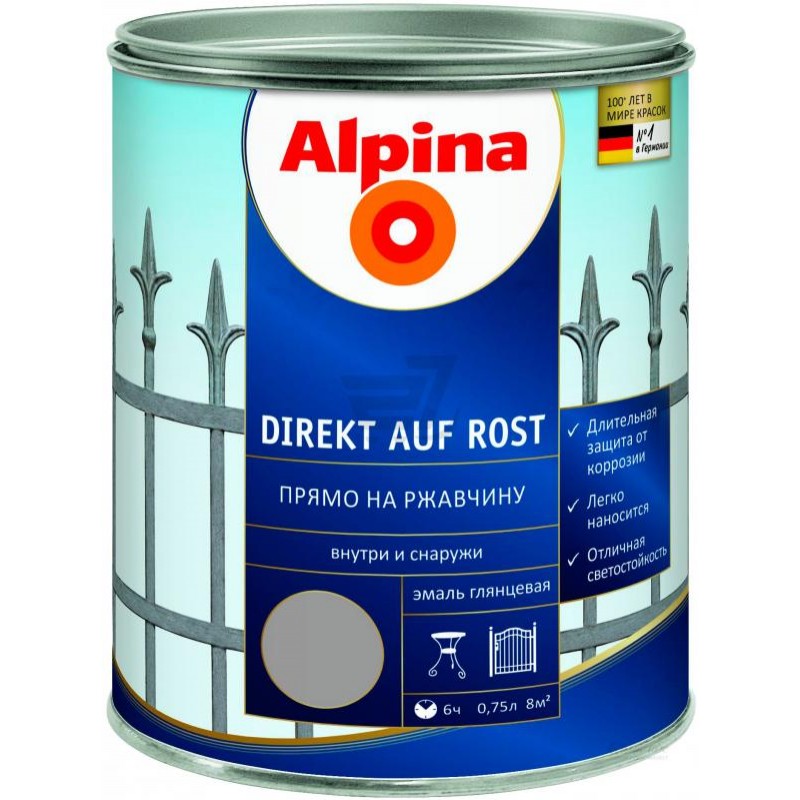 

Эмаль Алкидная Alpina Direkt Auf Rost (Серебряный) RAL9006 0,75л