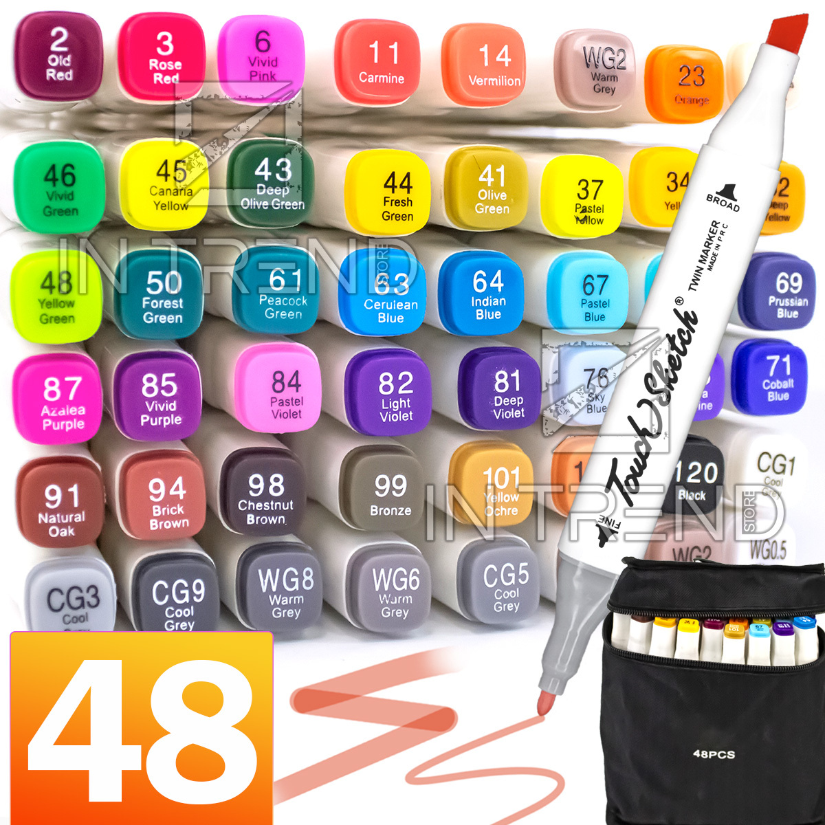 

Скетч маркеры 48 шт. TouchSketch двусторонние фломастеры - Набор для рисования и дизайна профессиональные для художников в сумке, Разноцветный