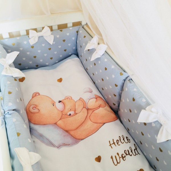 

Комплект в кроватку Маленькая соня Happy Baby поплин стандарт с бортиками 7 предметов детский голубой арт.015007