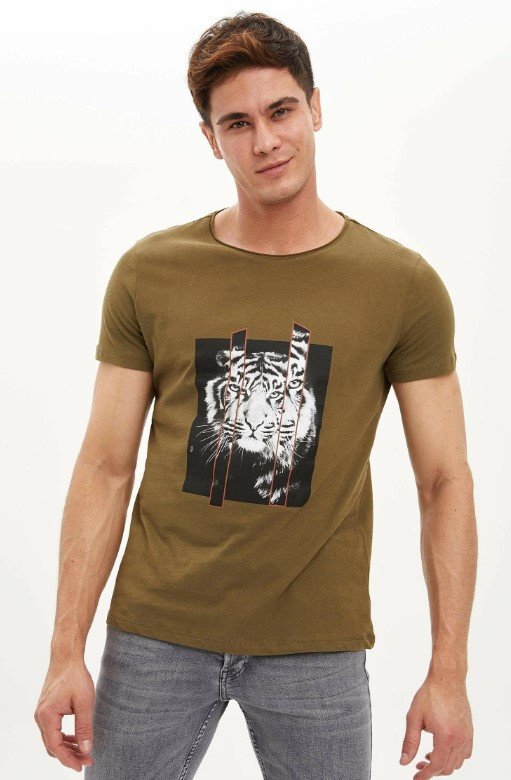 Акція на Футболка Defacto з тигром на грудях XL Хакі (DeF T-shirt -7015-3) від Rozetka