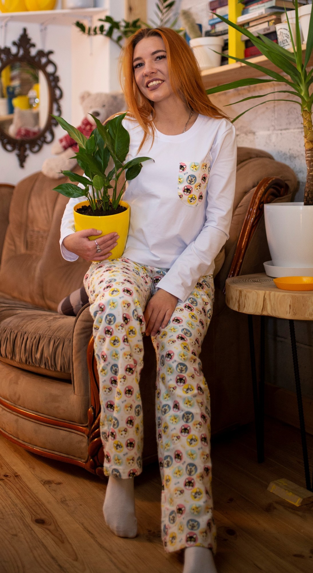 

Фланелевая пижама (кофта+брюки) Pijama po fanu S бежевая с котиками 111156