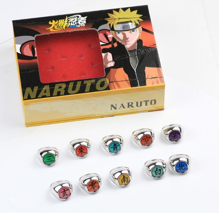 

Набор колец Naruto из аниме 10 штук с иероглифом и каучуковым шнурком: Пейн, Сасори, Итачи Учиха, Дайдара (NRC10IN1)