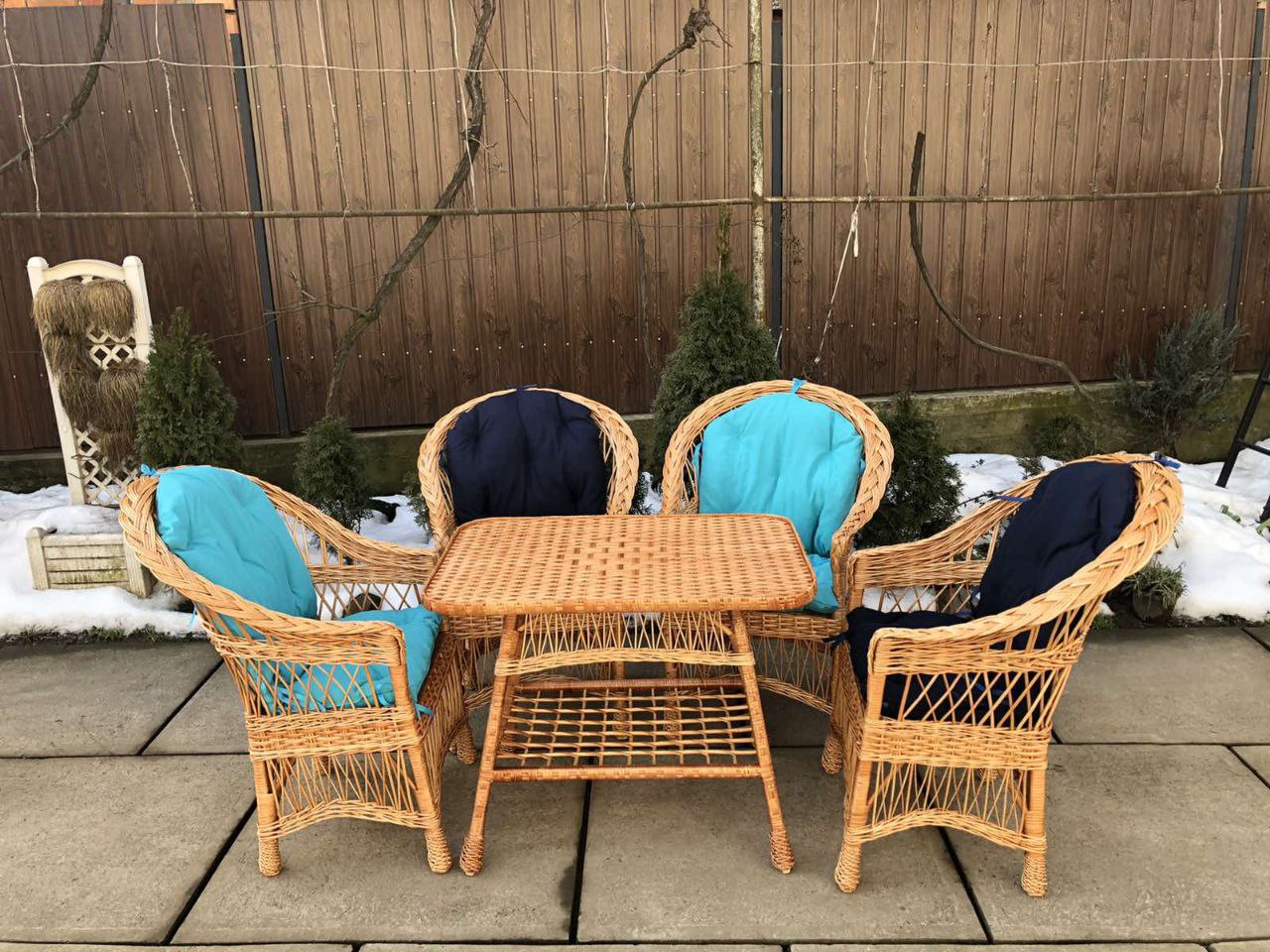 

Комплект мебели для сада из дерева и лозы 4 кресла Стандарт + стол прямоугольный 90х60 Woody Светлое дерево + Голубой + Темно-синий