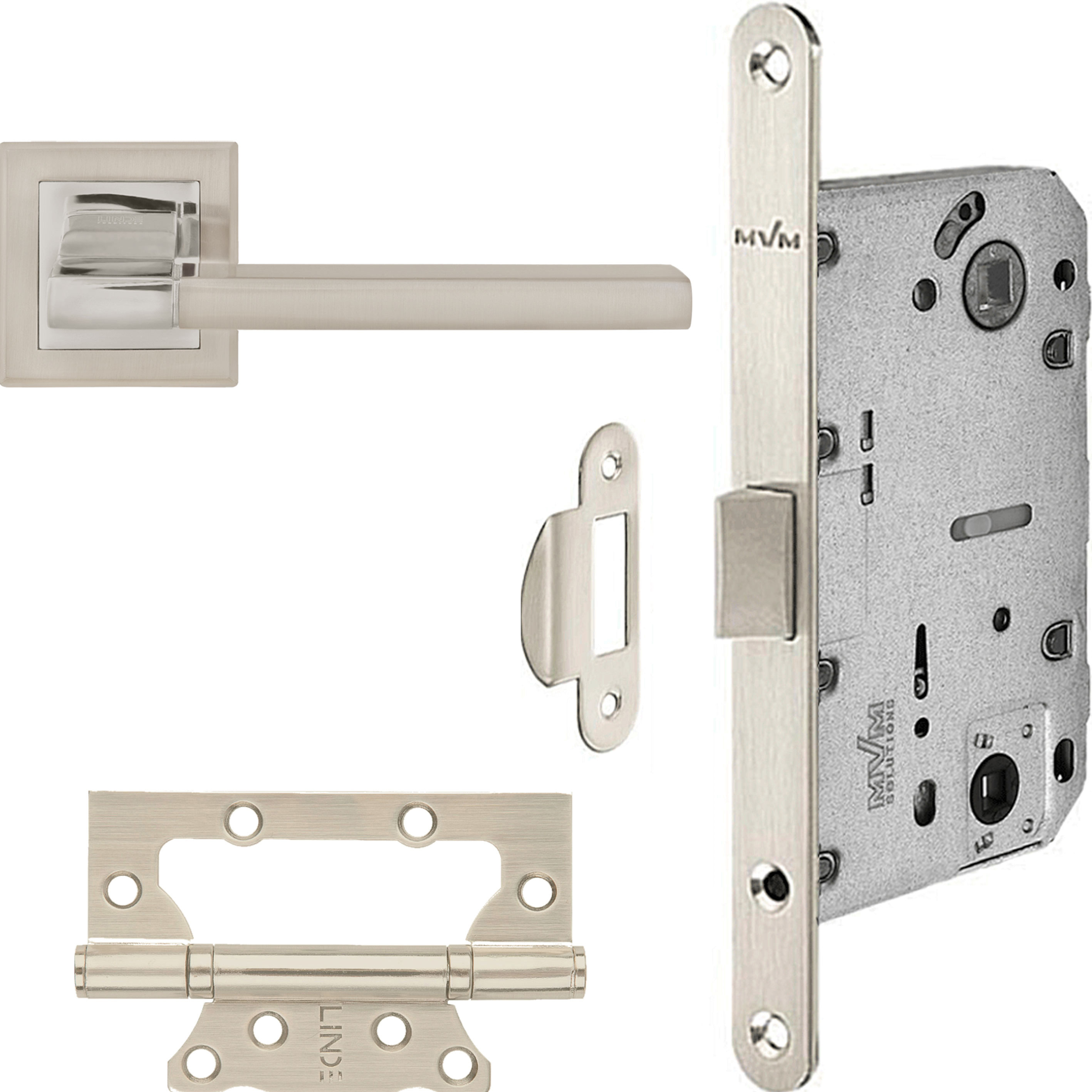 

Ручки комплект с механизмом + универсальные петли Linde Hex Girona SN/CP