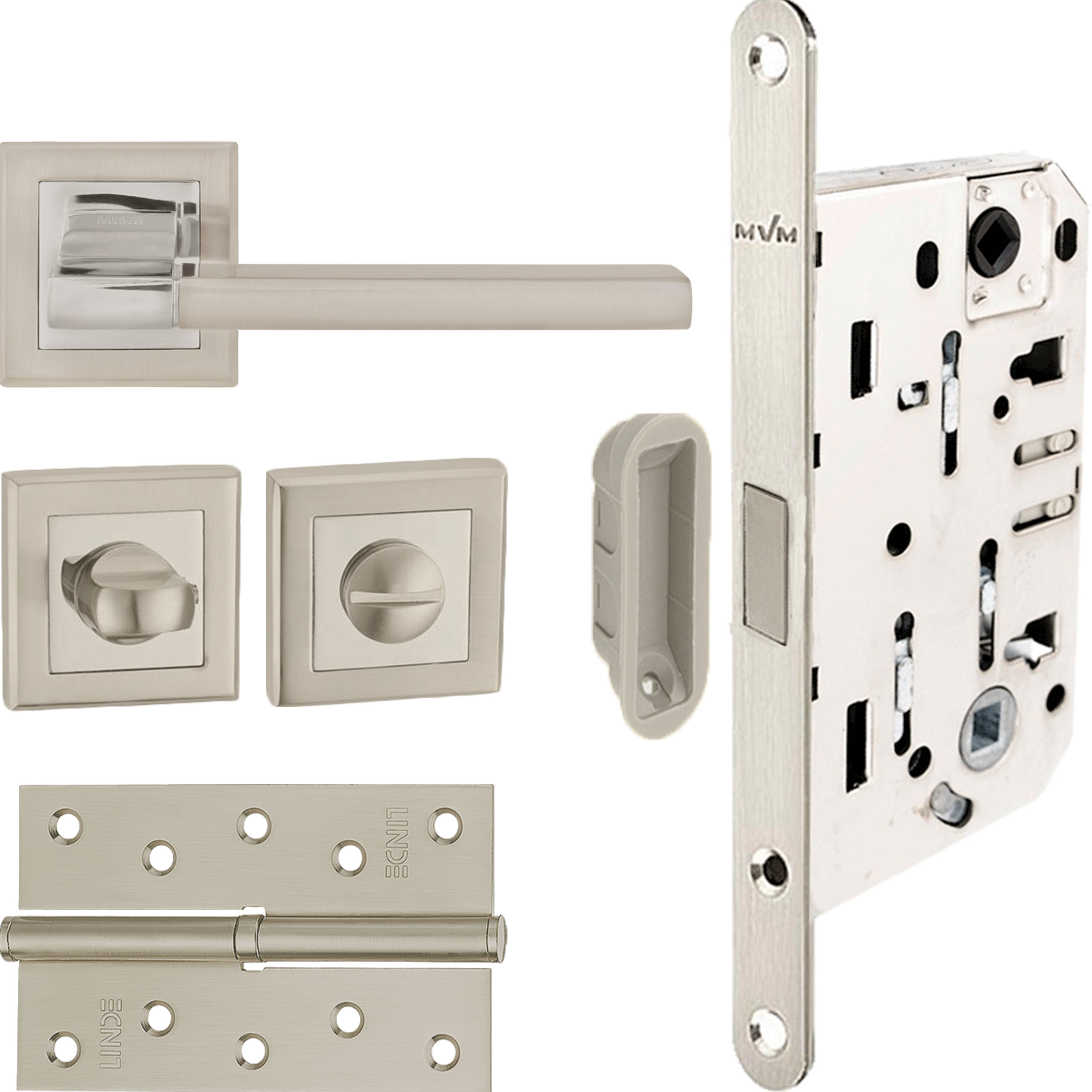 

Ручки комплект с защелкой WC + съемные петли левой двери Linde Hex Girona SN/CP