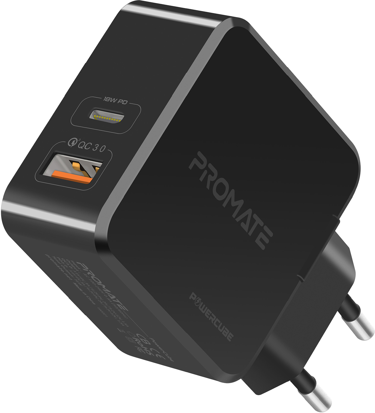 

Сетевое зарядное устройство Promate PowerCube 36 Вт Type-C PD + USB QC 3.0 Black (powercube.black)