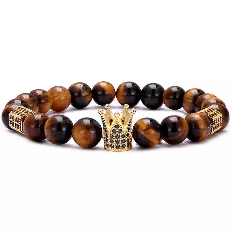

Браслет из тигрового глаза с высокой золотой короной и многогранниками