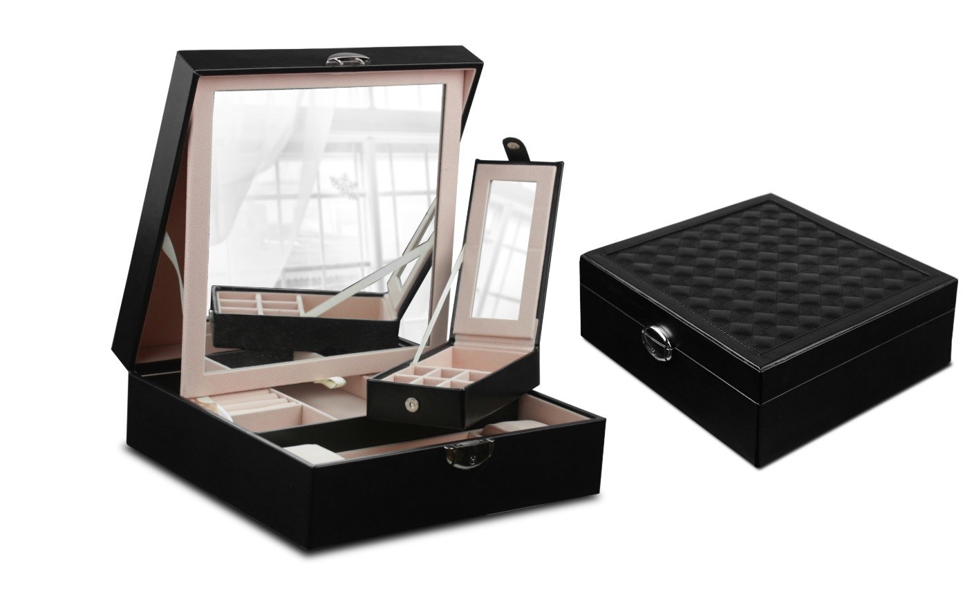 

Шкатулка с большим выдвижным зеркалом для украшений Jewelry box черный 25,5х25,5х8,5 см