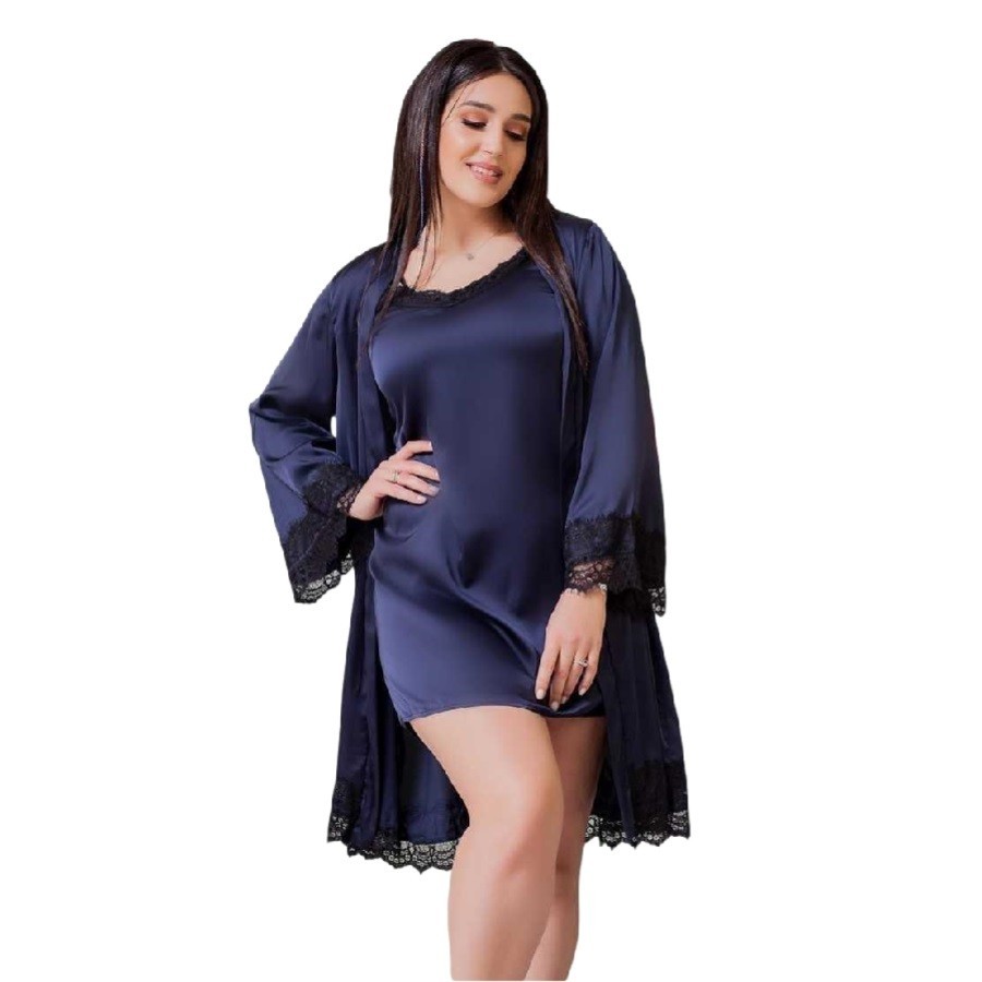 

Жіночий атласний комплект халат і сорочка синій 3XL-4XL