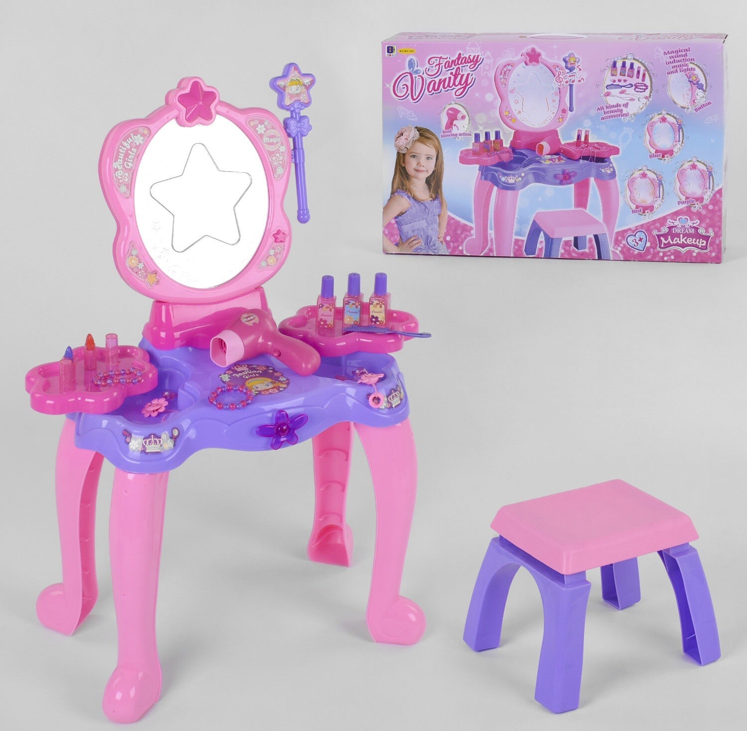 

Детское трюмо Bohui Toys 661-124 со стульчиком свет звук сенсорная палочка фен на батарейке с аксессуарами