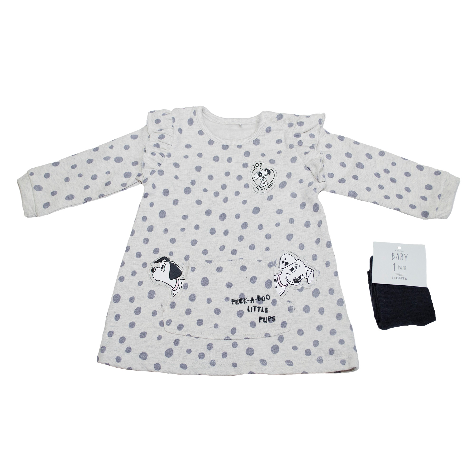 

Комплект для девочки ( 1 шт ) George серое платье с далматинцами и карманом кенгуру и чёрные колготки 0-3М (56-62 см) 1165