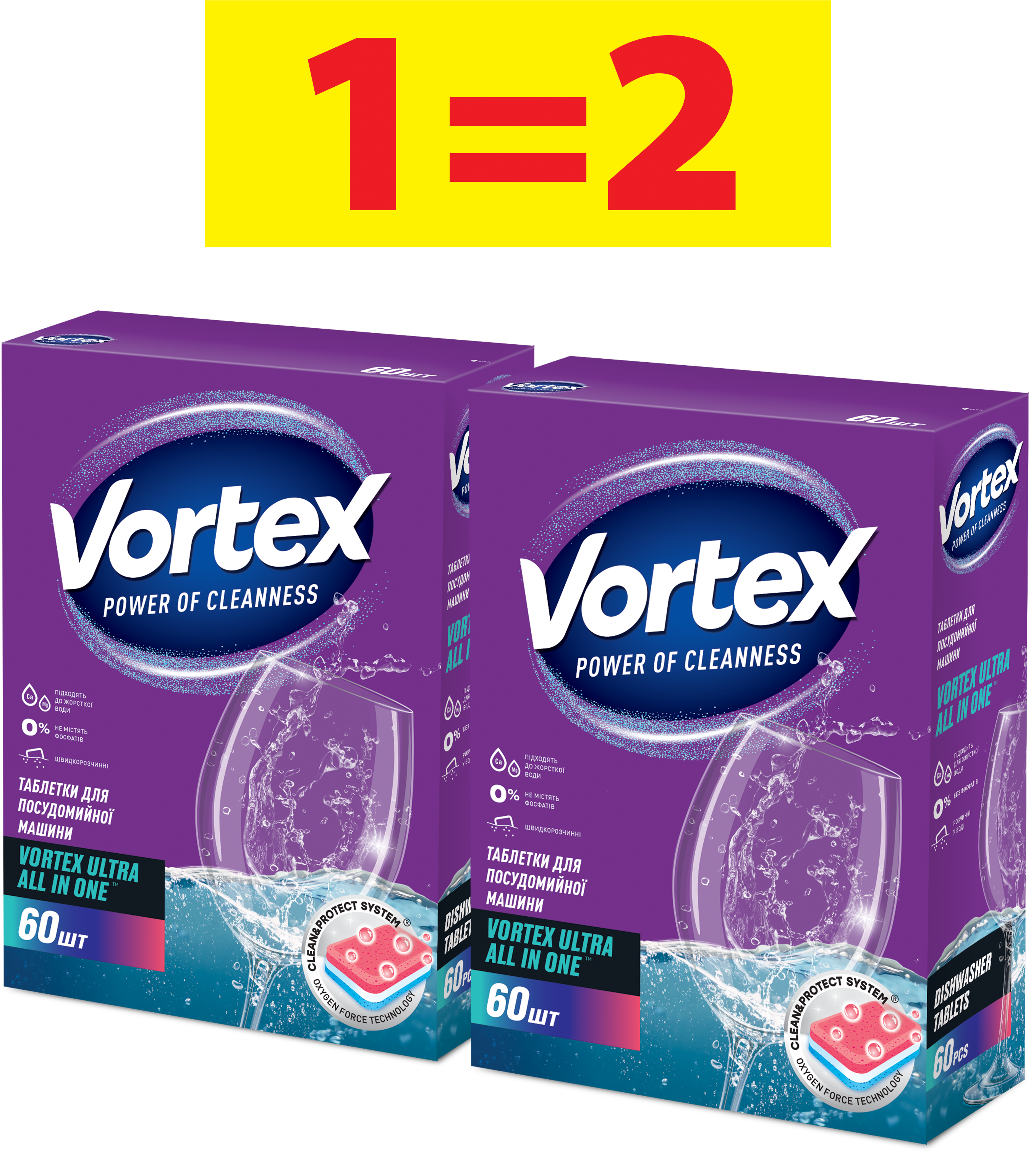 

Упаковка таблеток для посудомоечных машин Vortex all in 1 2 пачки по 60 шт ( 55600508)