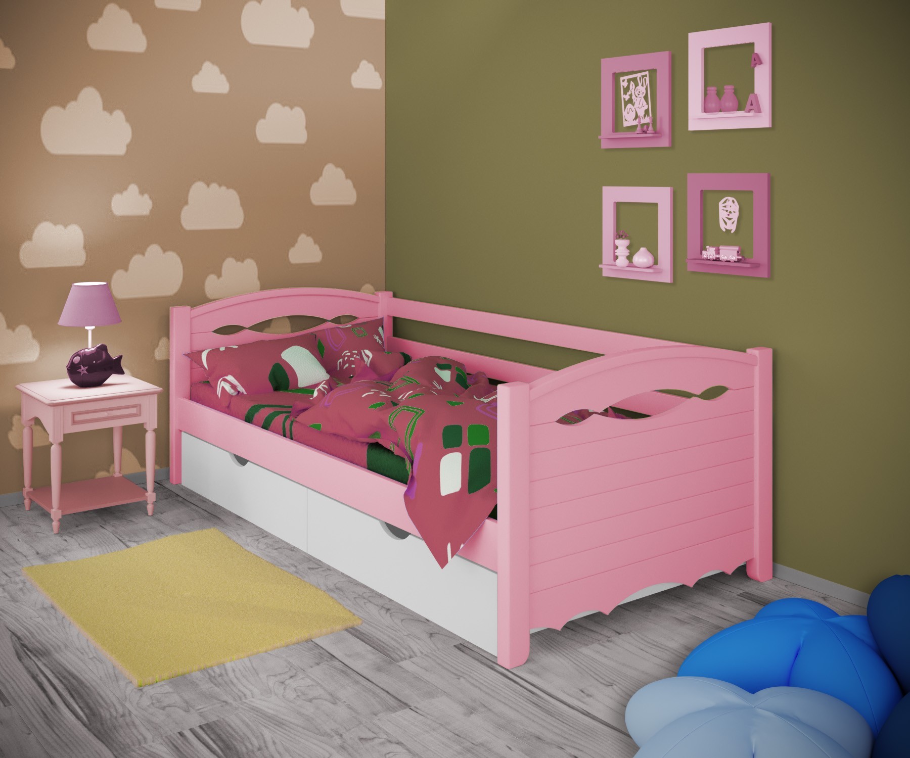 

Кровать односпальная тахта RainbowDream Новус 80х190 см розовый массив ольхи, с ящиками