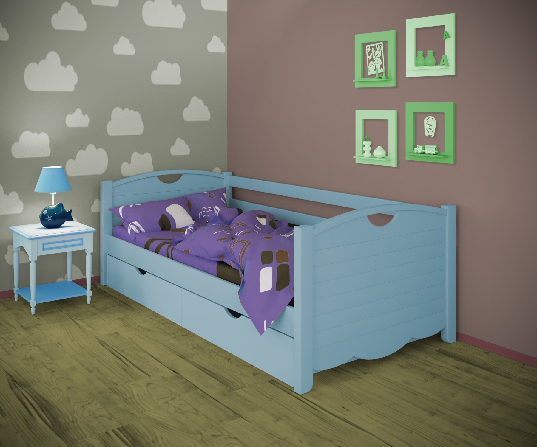 

Кровать односпальная тахта RainbowDream Белла 90х190 см голубой массив ольхи, с ящиками
