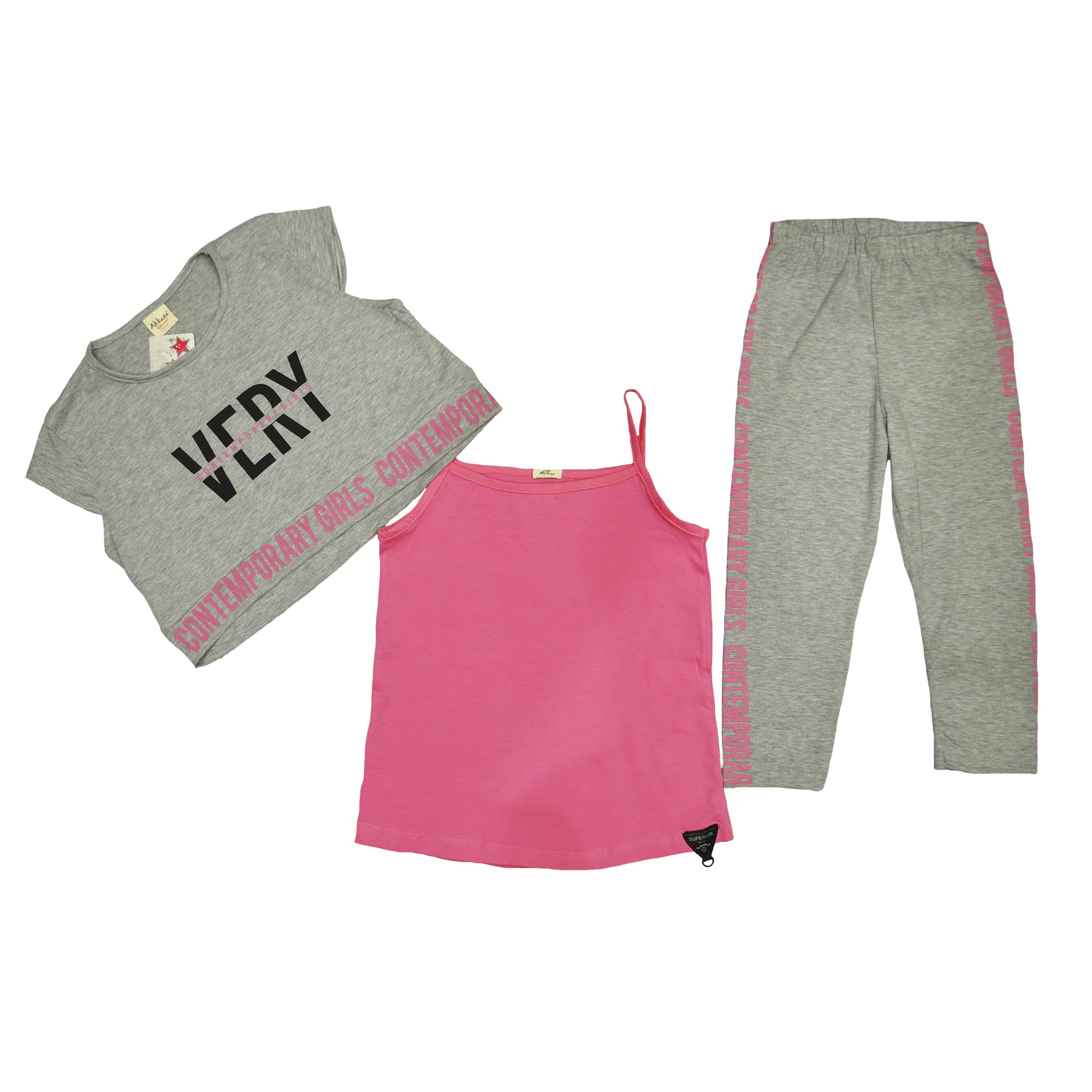 

Спортивный костюм для девочки ( 1 шт ) Турция серого цвета топ и лосины с надписями и розовая майка 9 лет (142см) 532