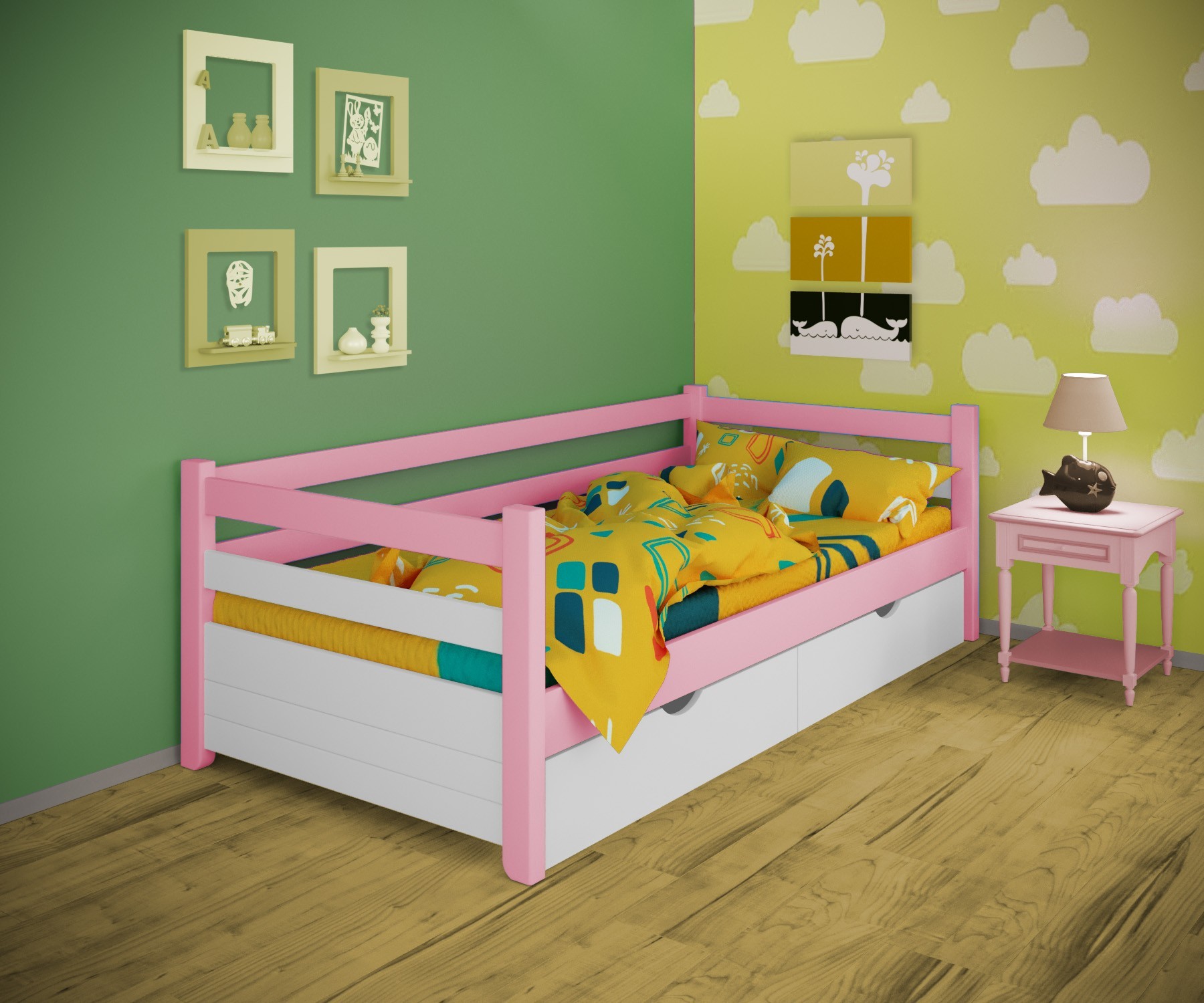 

Кровать односпальная тахта RainbowDream Маркус 90х190 см бело-розовый массив ольхи, с ящиками