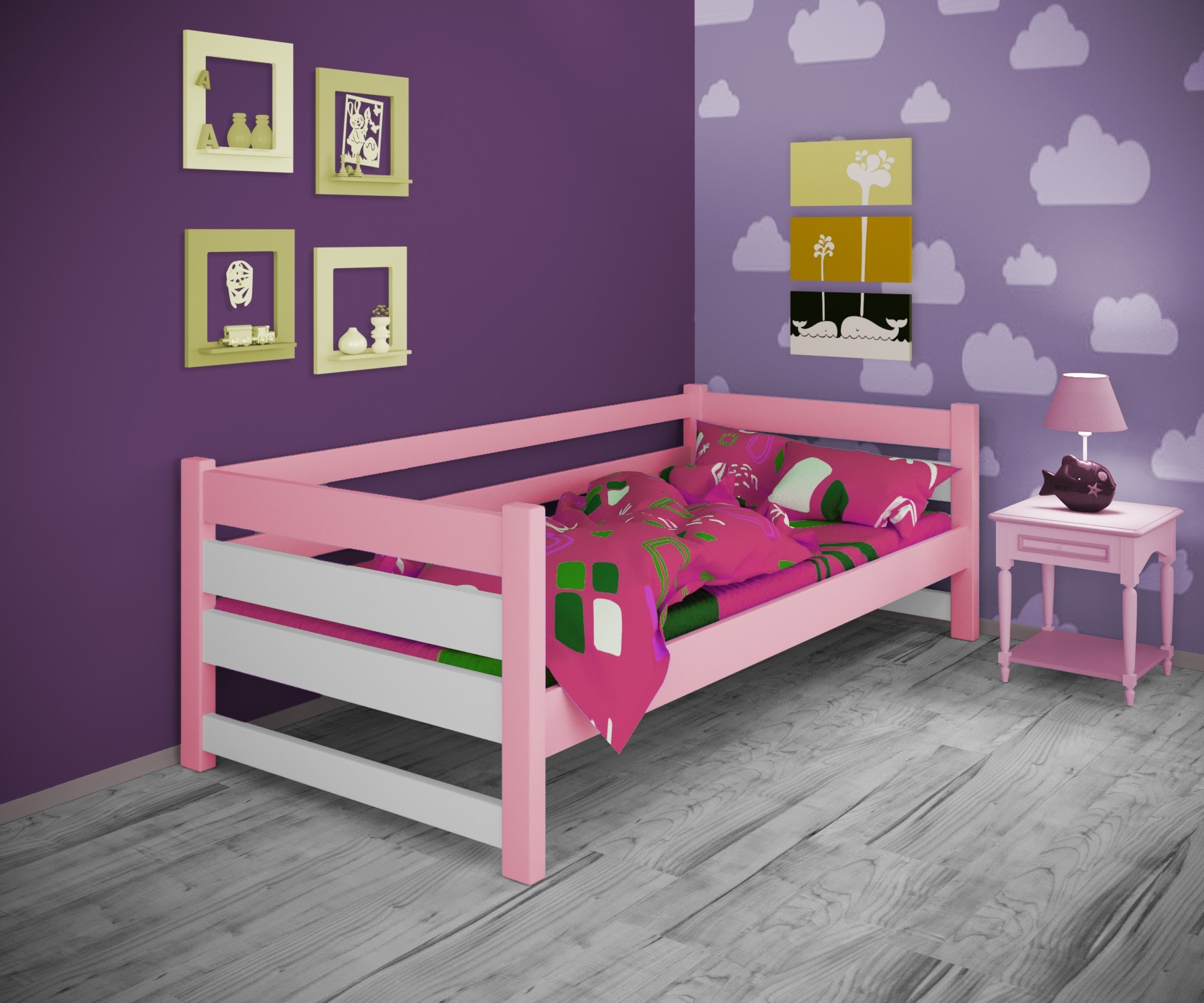 

Кровать односпальная тахта RainbowDream Мартино 90х190 см бело-розовый массив ольхи, без ящиков