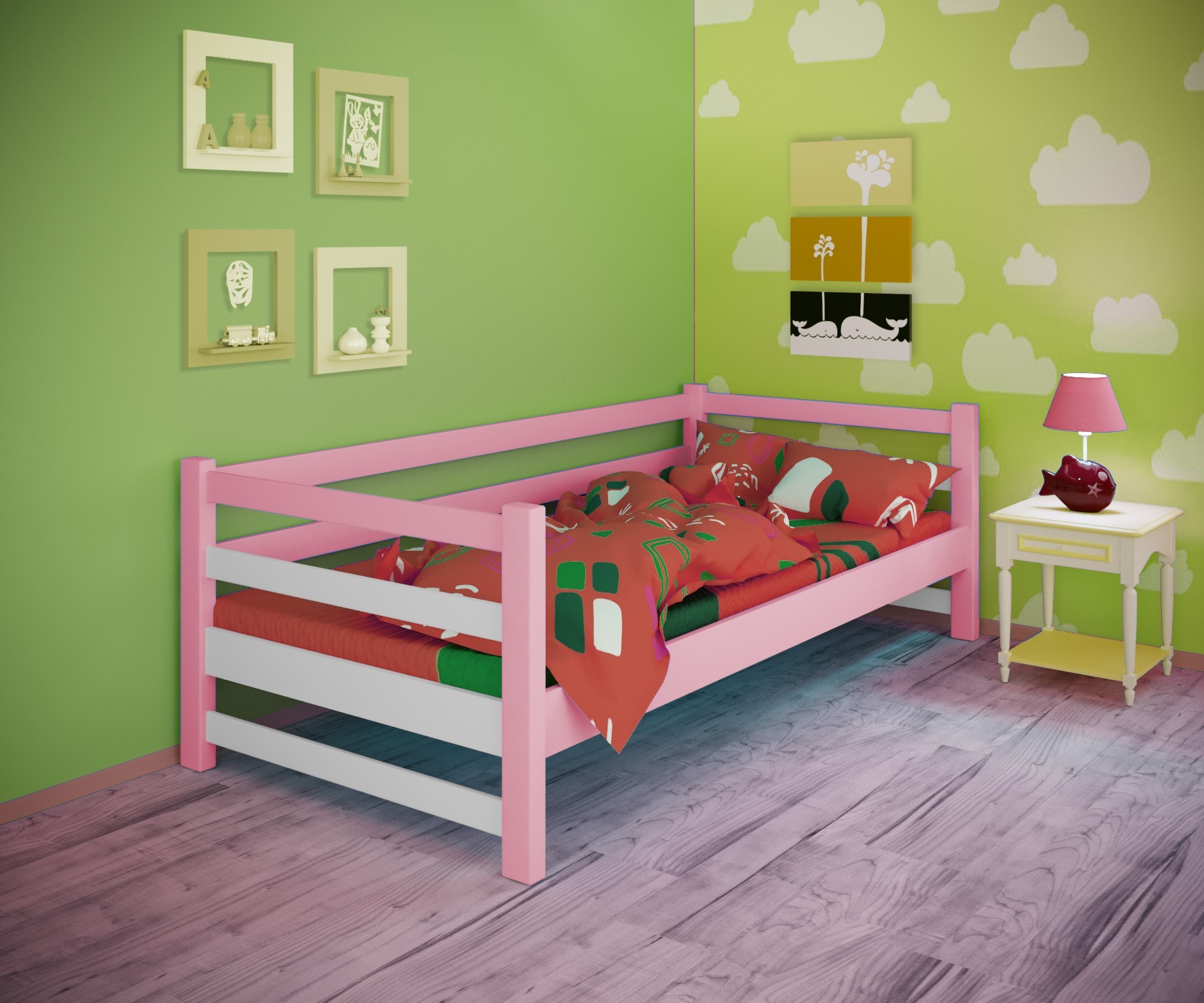 

Кровать односпальная тахта RainbowDream Лентори 90х190 см бело-розовый массив ольхи, без ящиков
