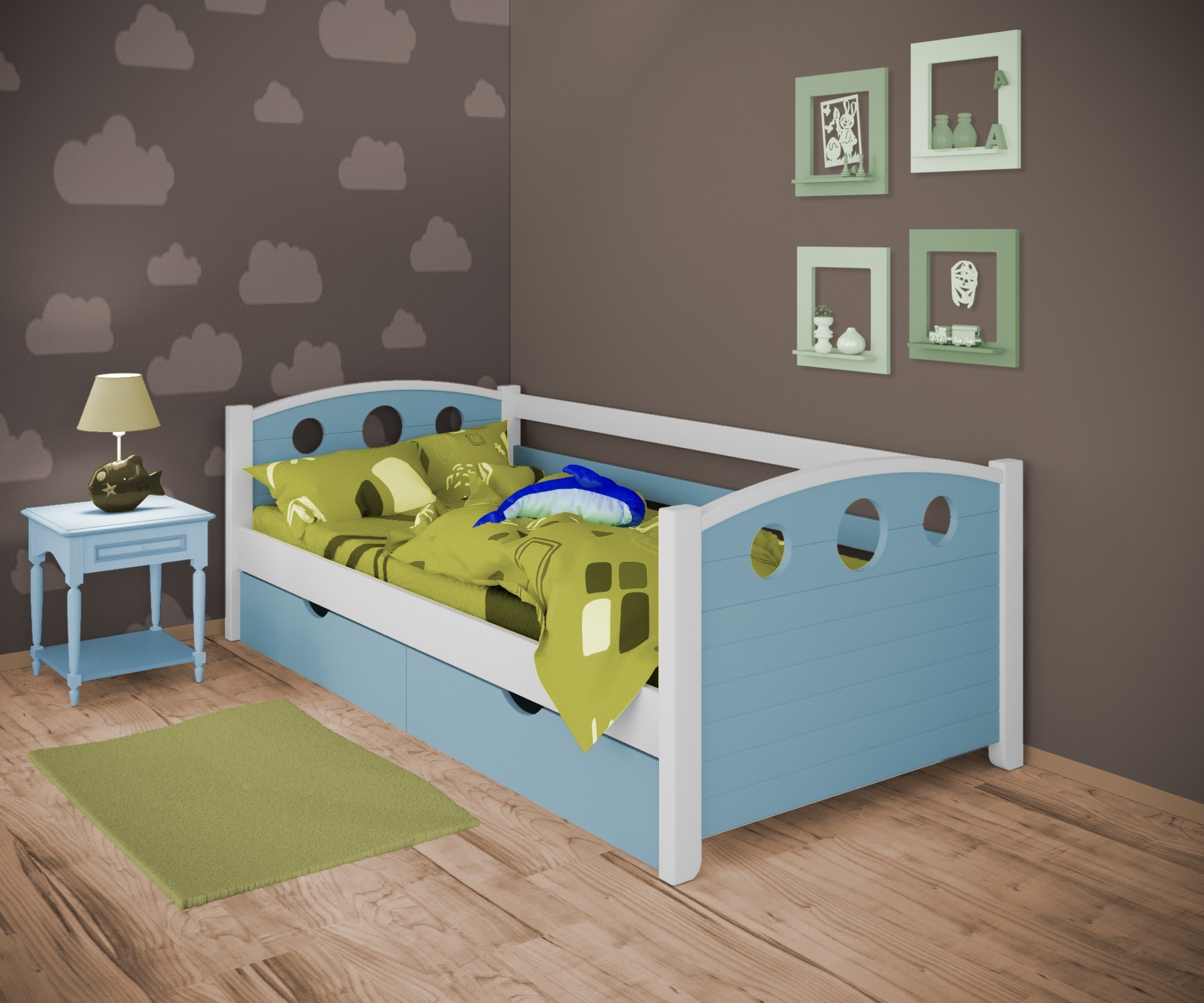 

Кровать односпальная тахта RainbowDream Окки 90х190 см бело-голубой массив ольхи, с ящиками