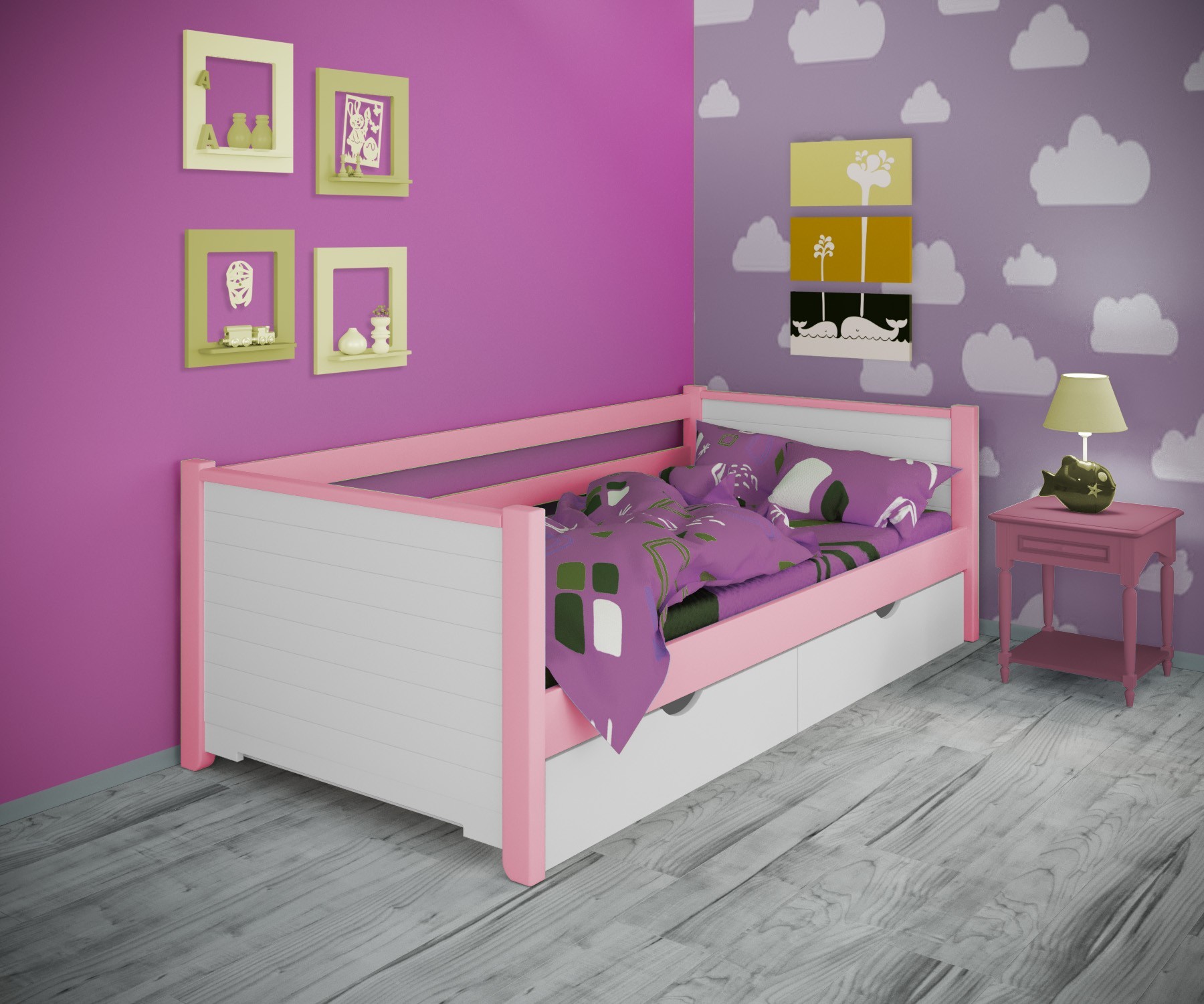 

Кровать односпальная тахта RainbowDream Фиронни 90х190 см бело-розовый массив ольхи, с ящиками