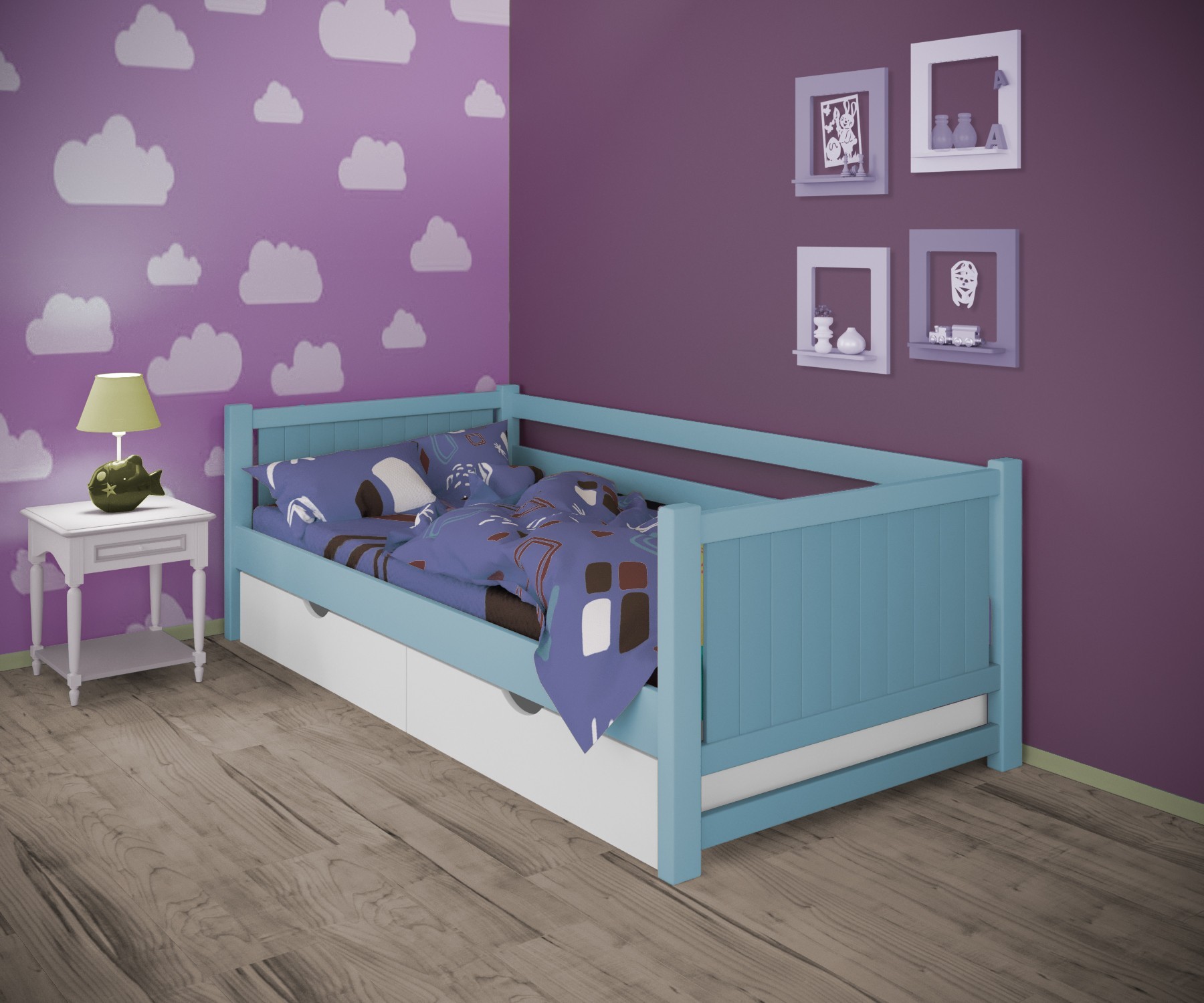 

Кровать односпальная тахта RainbowDream Лимонти 90х190 см голубой массив ольхи, с ящиками