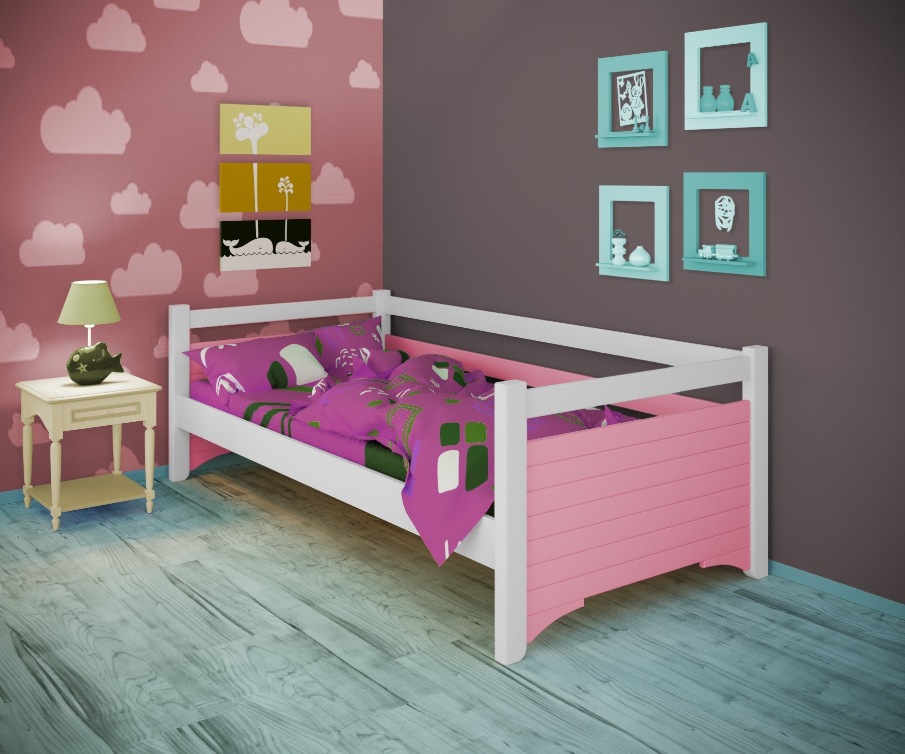 

Кровать односпальная тахта RainbowDream Дюпон 90х190 см бело-розовый массив ольхи, без ящиков