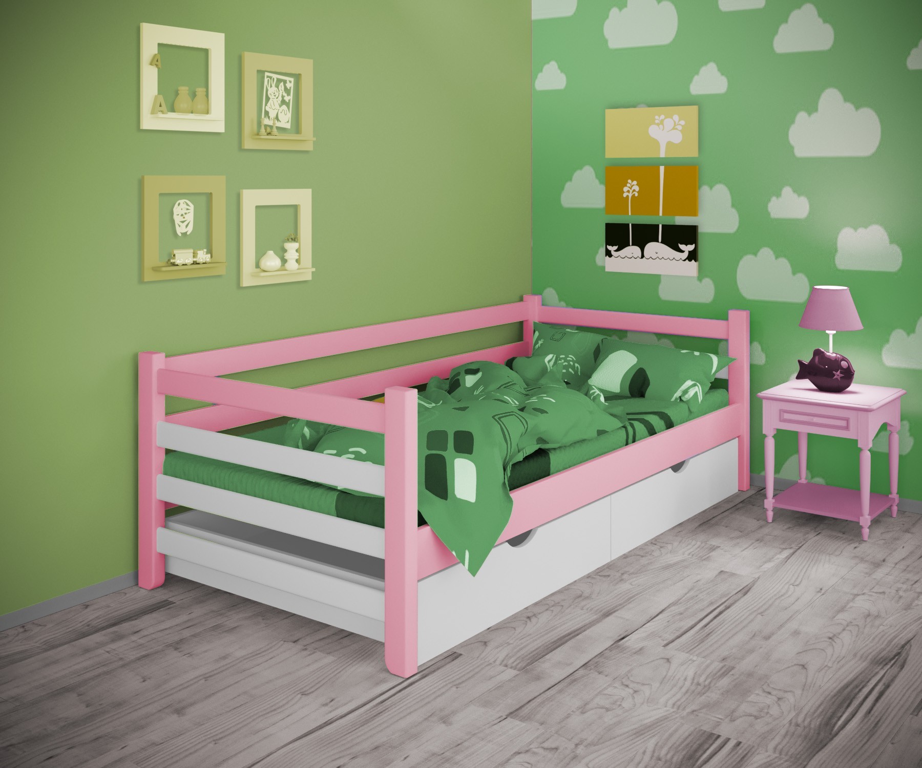 

Кровать односпальная тахта RainbowDream Томас 90х190 см бело-розовый массив ольхи, с ящиками