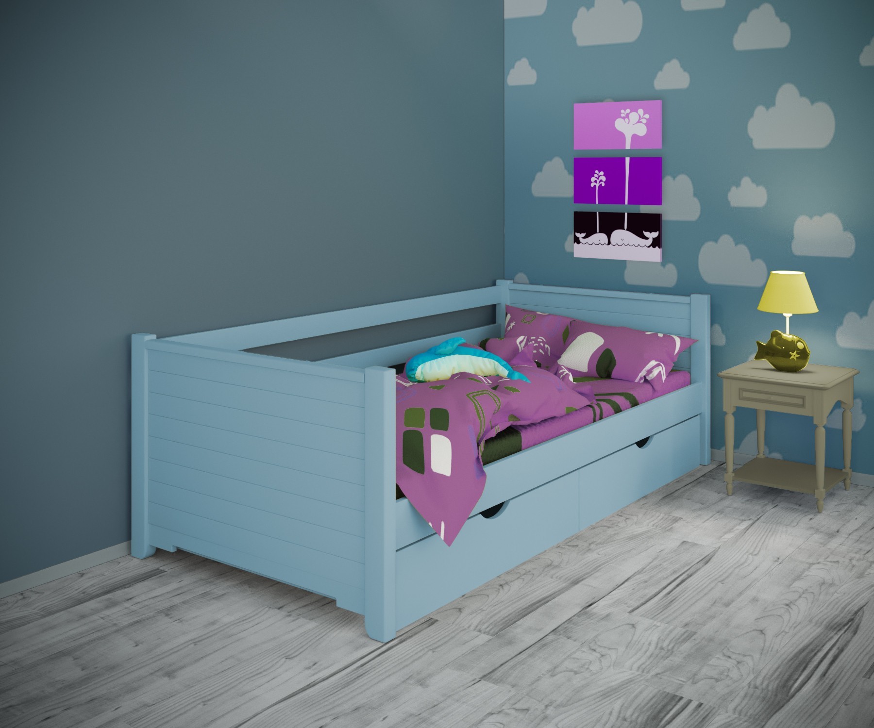 

Кровать односпальная тахта RainbowDream Фиронни 90х190 см голубой массив ольхи, с ящиками