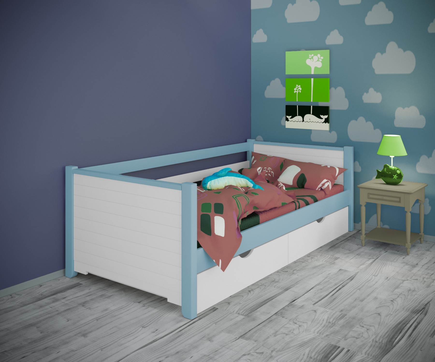 

Кровать односпальная тахта RainbowDream Фиронни 90х190 см бело-голубой массив ольхи, с ящиками