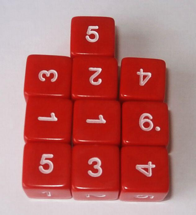 

Numbers 1-6. Pack of 10 Dice