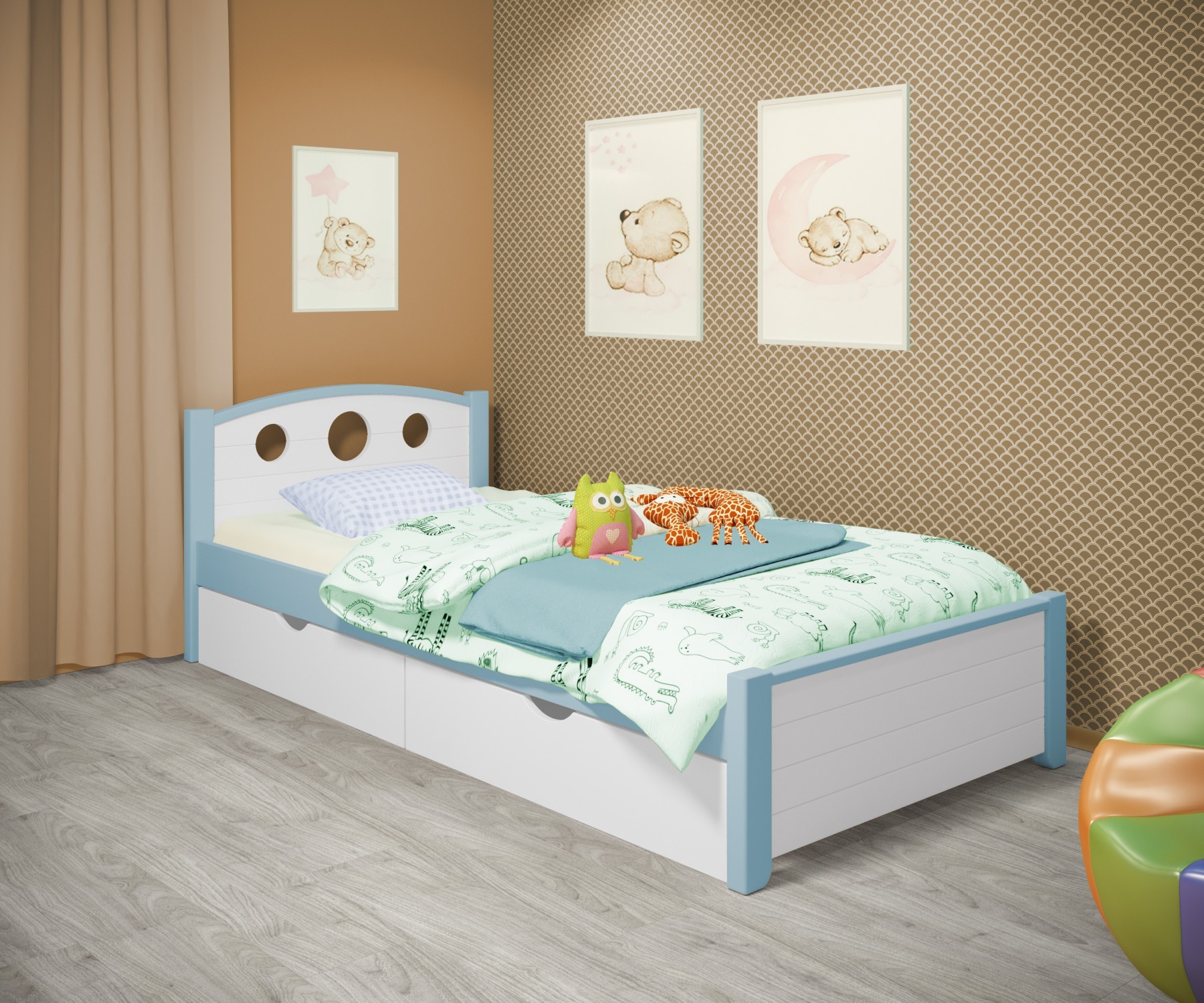 

Кровать односпальная RainbowDream Окки 80х190 см бело-голубой массив ольхи, с ящиками