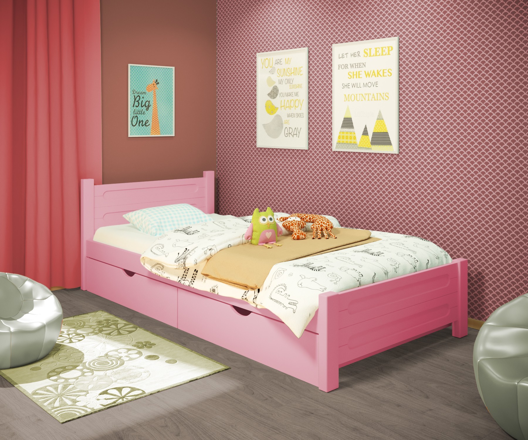 

Кровать односпальная RainbowDream Йокка 80х190 см розовый массив ольхи, с ящиками