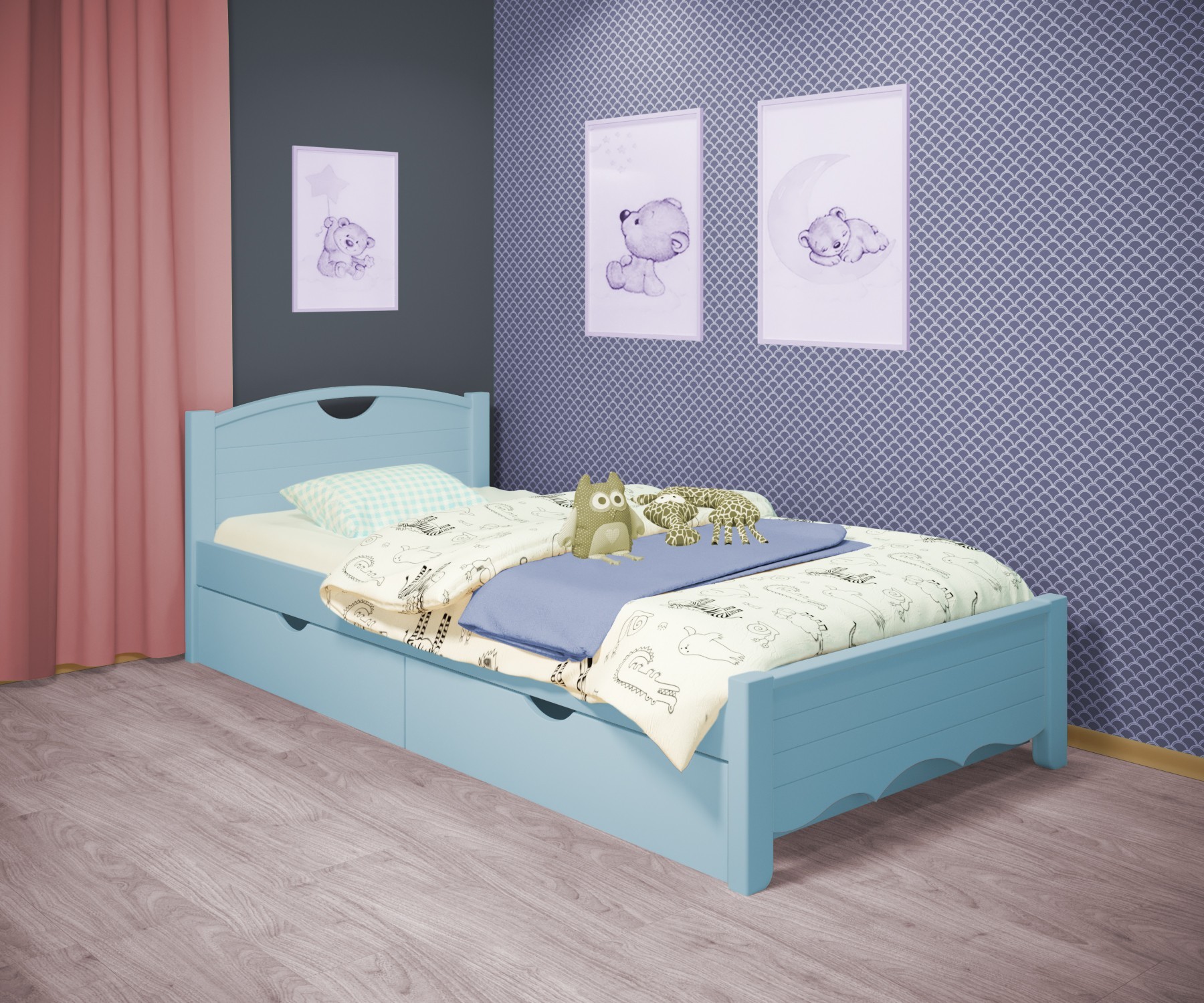 

Кровать односпальная RainbowDream Дженни 80х190 см голубой массив ольхи, с ящиками