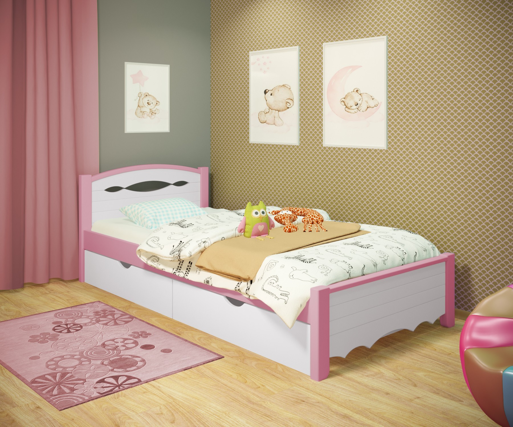 

Кровать односпальная RainbowDream Новус 80х190 см бело-розовый массив ольхи, с ящиками
