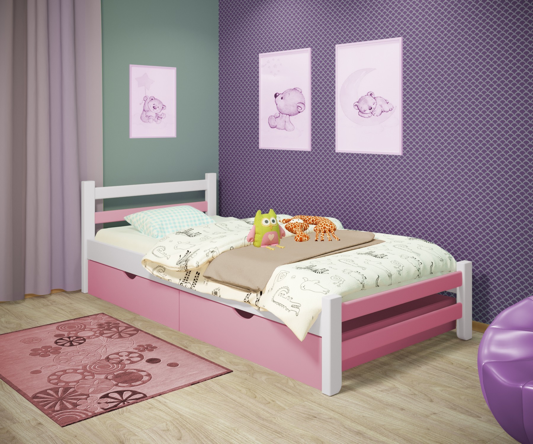

Кровать односпальная RainbowDream Томас 80х190 см бело-розовый массив ольхи, с ящиками