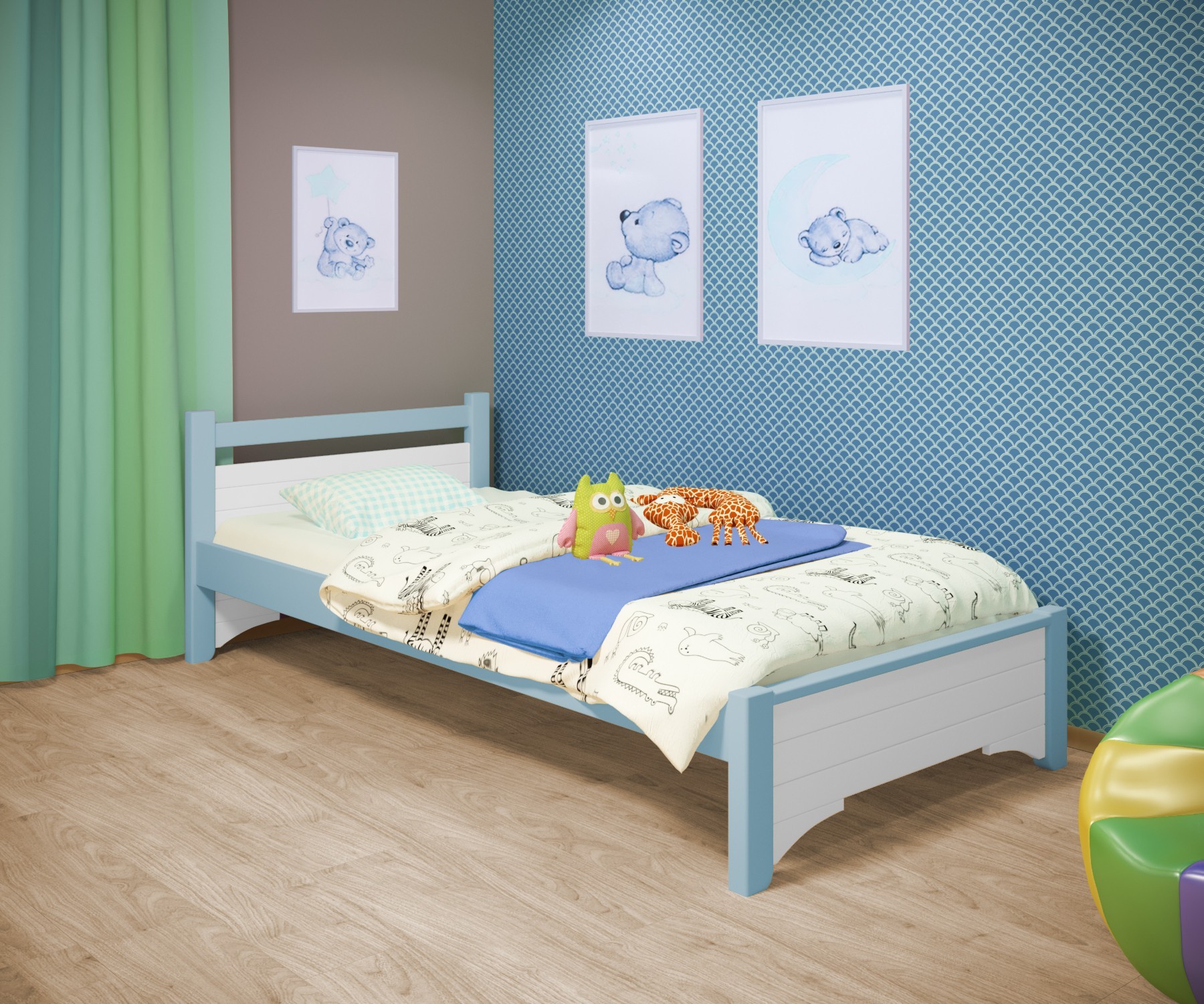 

Кровать односпальная RainbowDream Дюпон 80х190 см бело-голубой массив ольхи, без ящиков