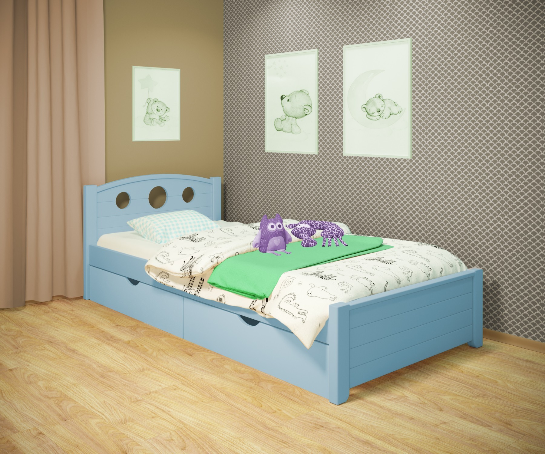 

Кровать односпальная RainbowDream Окки 80х190 см голубой массив ольхи, с ящиками