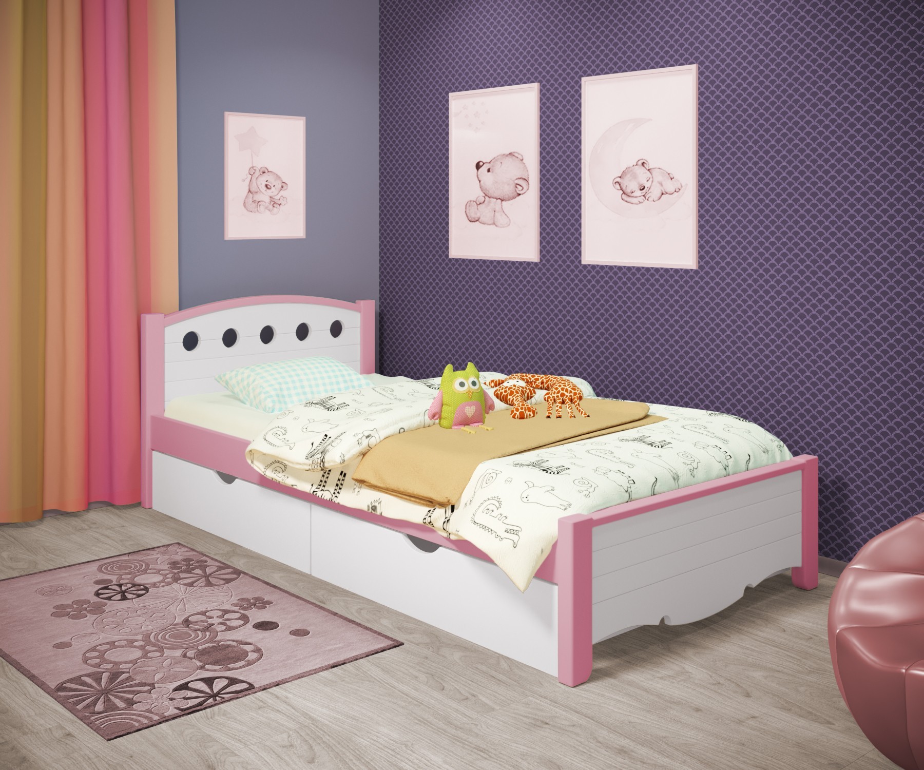 

Кровать односпальная RainbowDream Анри 80х190 см бело-розовый массив ольхи, с ящиками