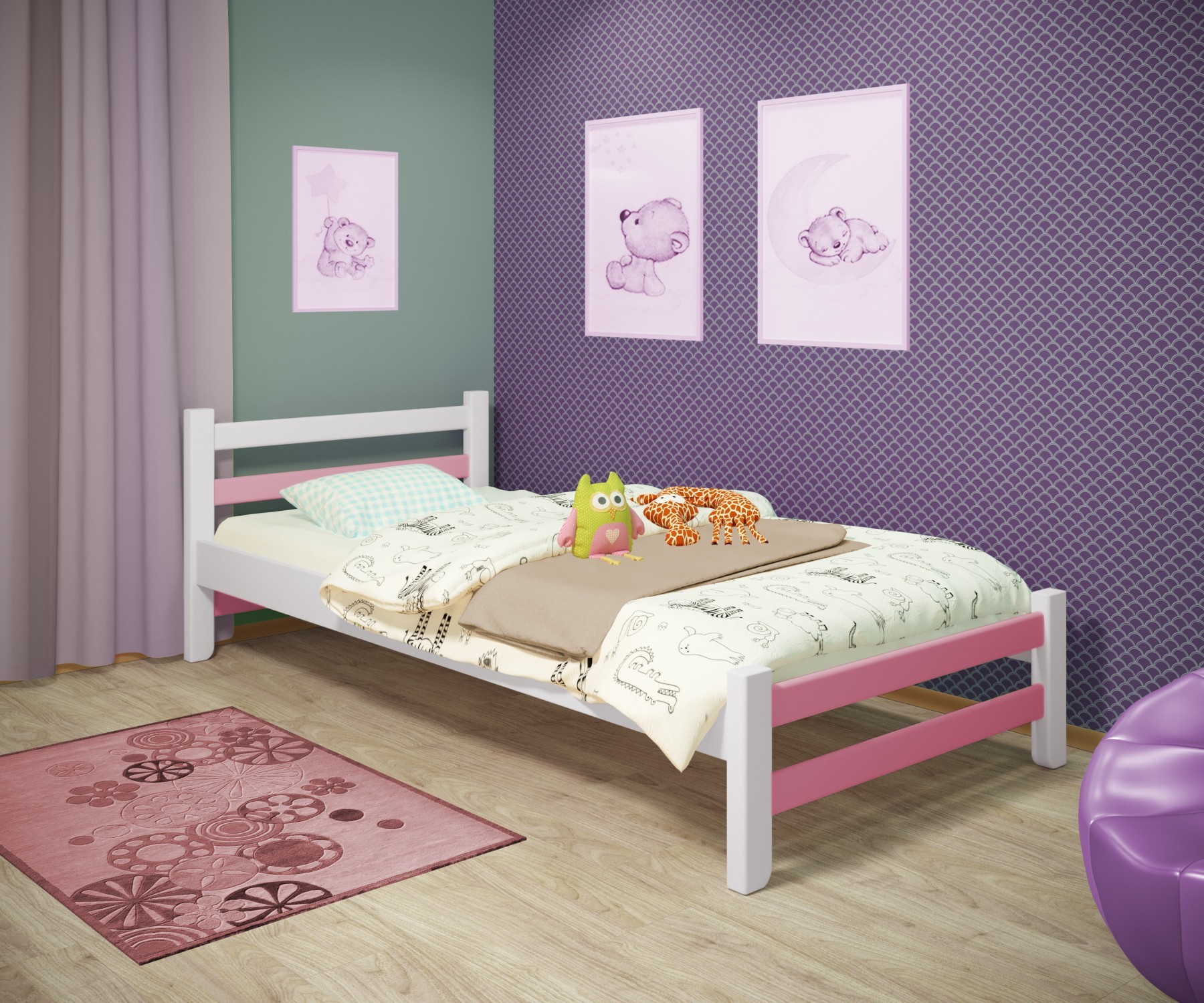 

Кровать односпальная RainbowDream Томас 80х190 см бело-розовый массив ольхи, без ящиков