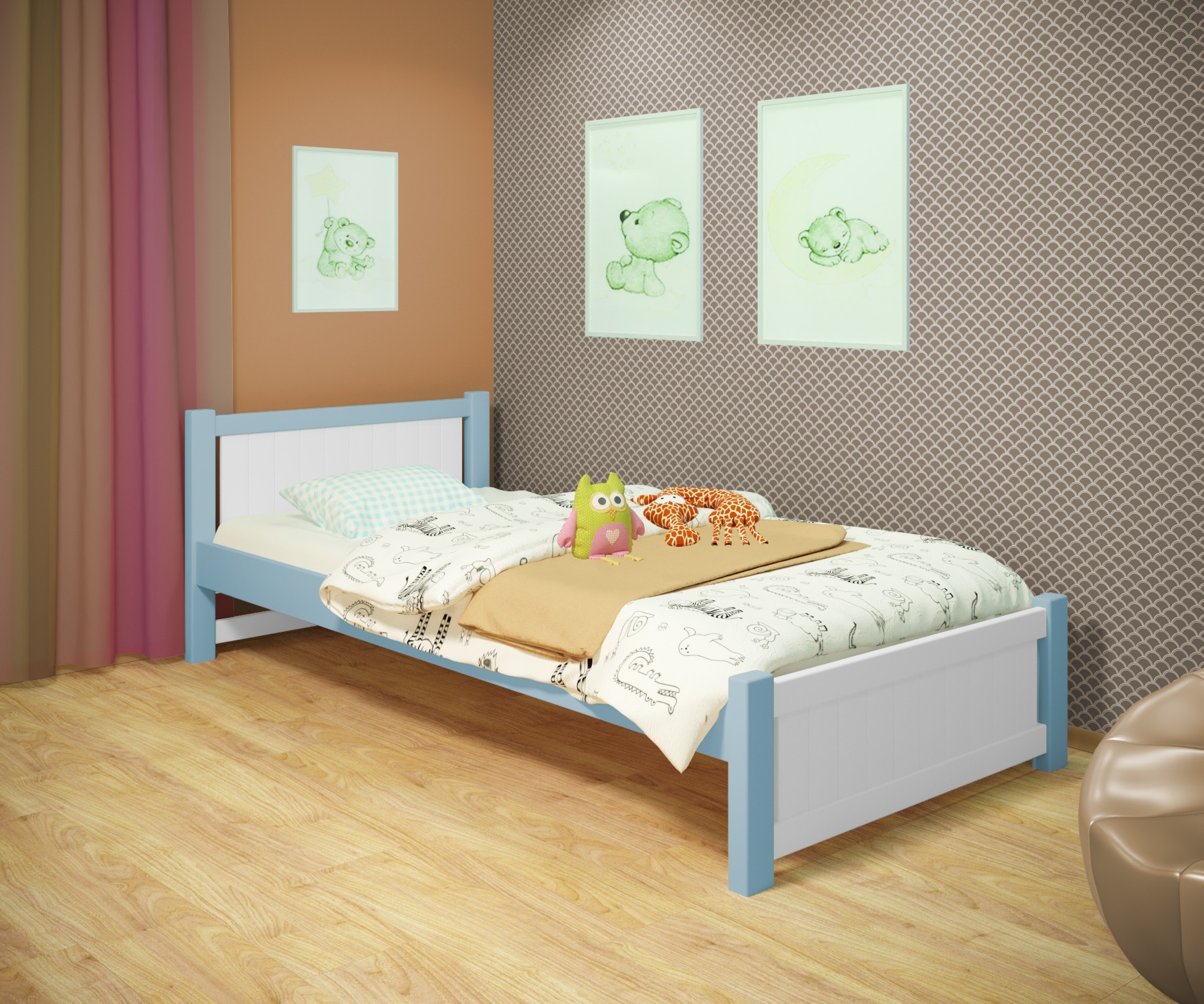 

Кровать односпальная RainbowDream Лимонти 80х190 см бело-голубой массив ольхи, без ящиков