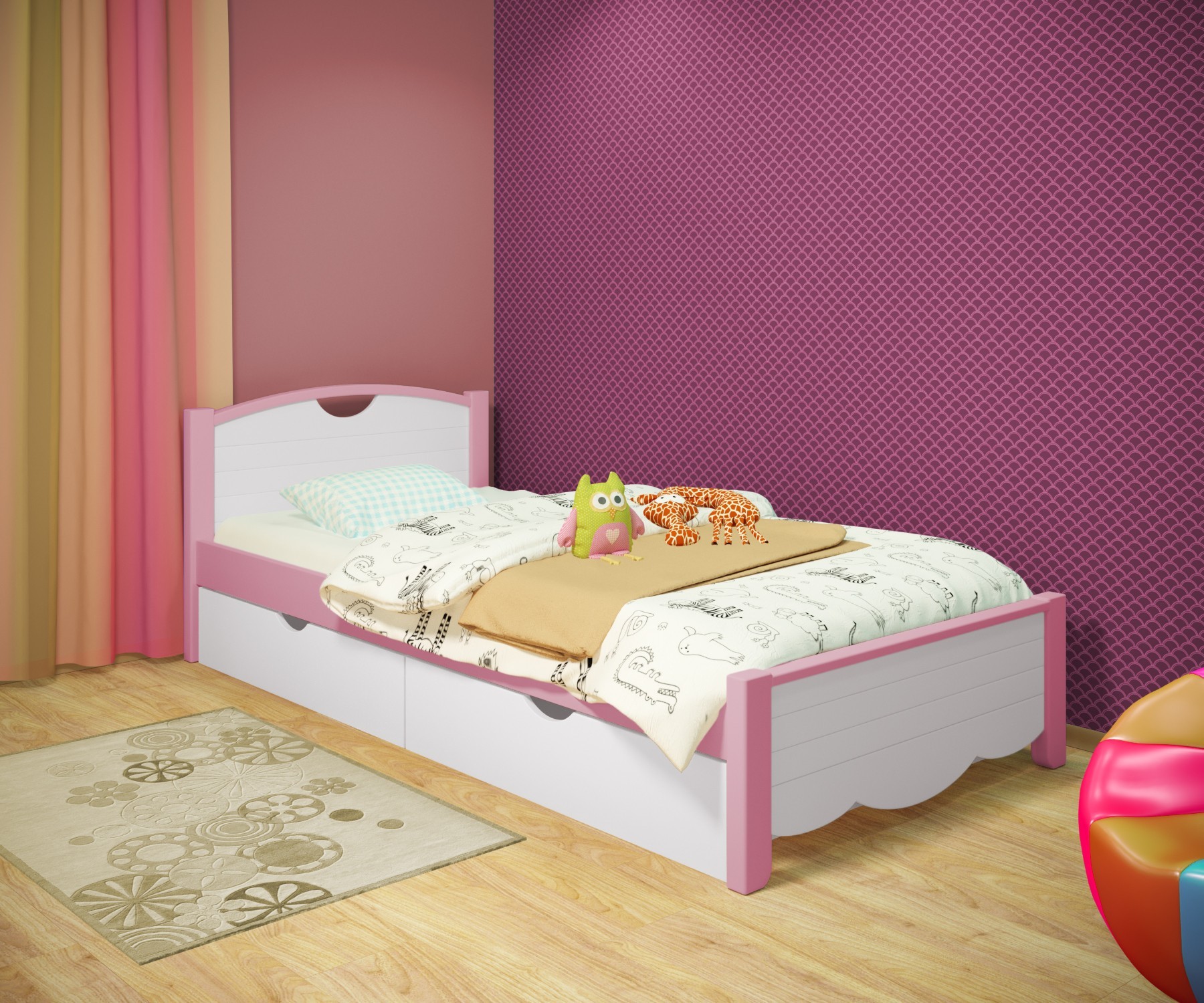 

Кровать односпальная RainbowDream Белла 80х190 см бело-розовый массив ольхи, с ящиками
