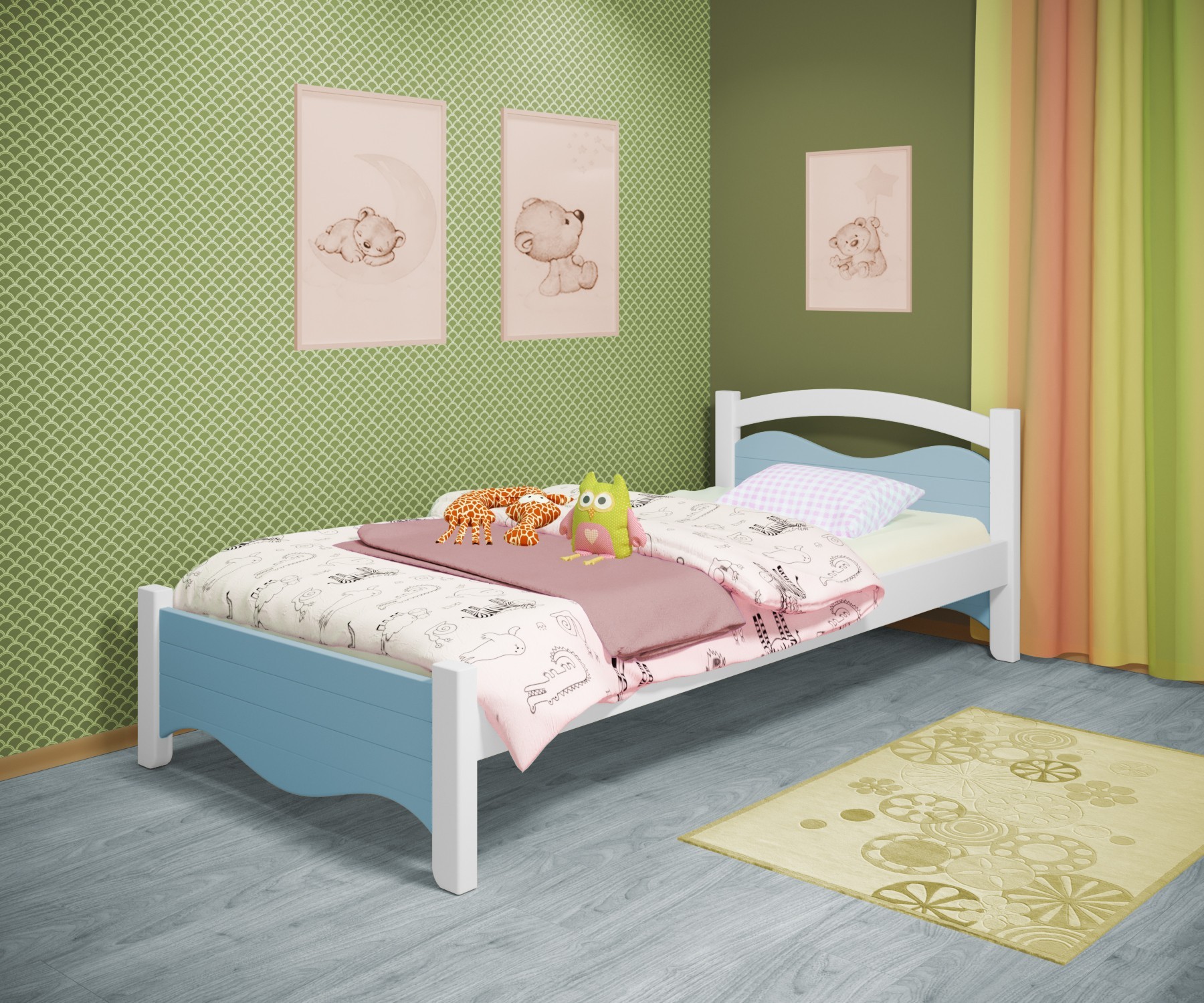 

Кровать односпальная RainbowDream Фабертино 80х190 см бело-голубой массив ольхи, без ящиков