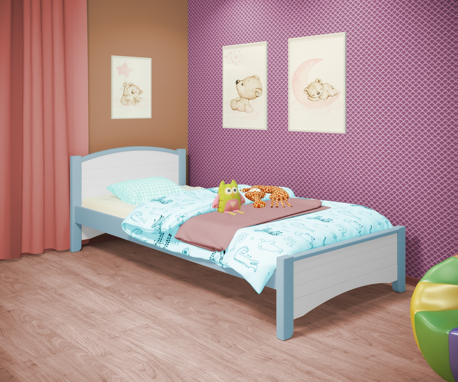 

Кровать односпальная RainbowDream Доминика 80х190 см бело-голубой массив ольхи, без ящиков