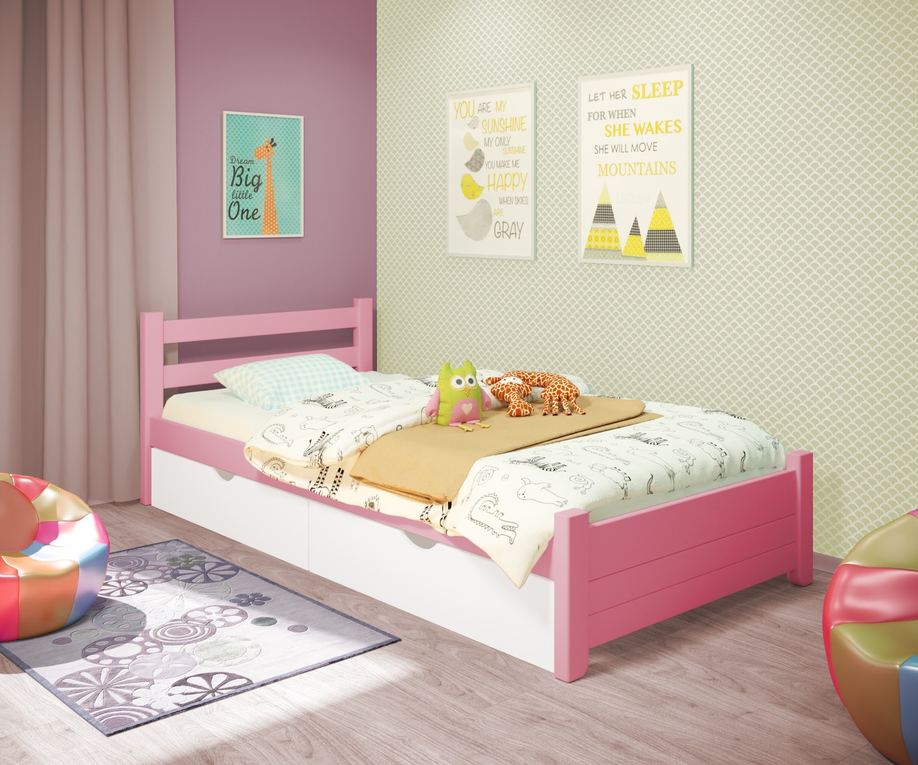 

Кровать односпальная RainbowDream Маркус 80х190 см розовый массив ольхи, с ящиками