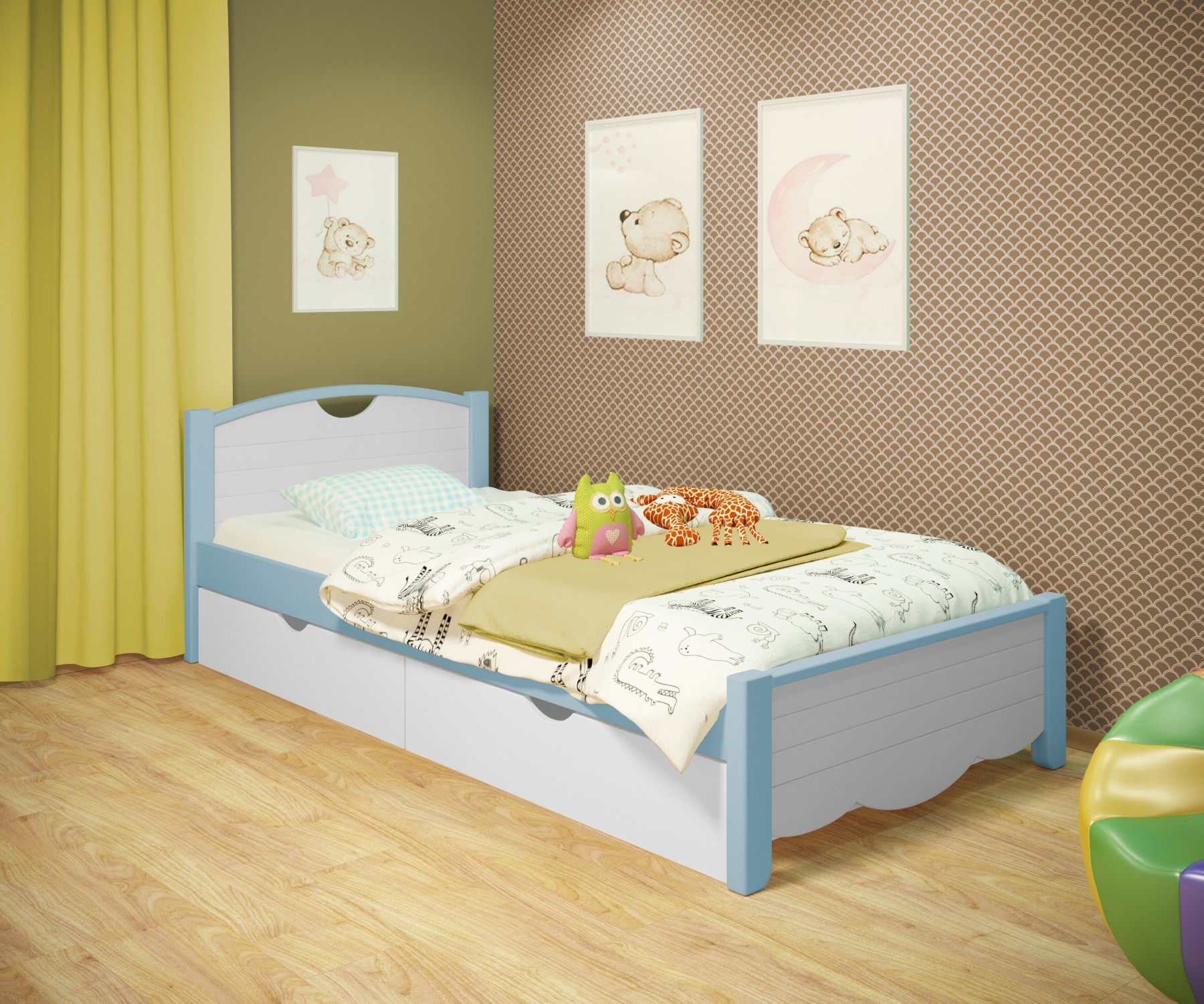 

Кровать односпальная RainbowDream Белла 80х190 см бело-голубой массив ольхи, с ящиками